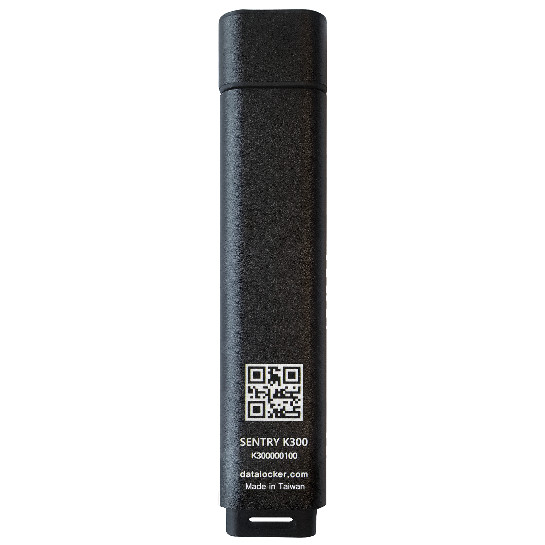 Een zwarte, cilindrische Sentry K300 USB-stick met een QR-code tegen een witte achtergrond.