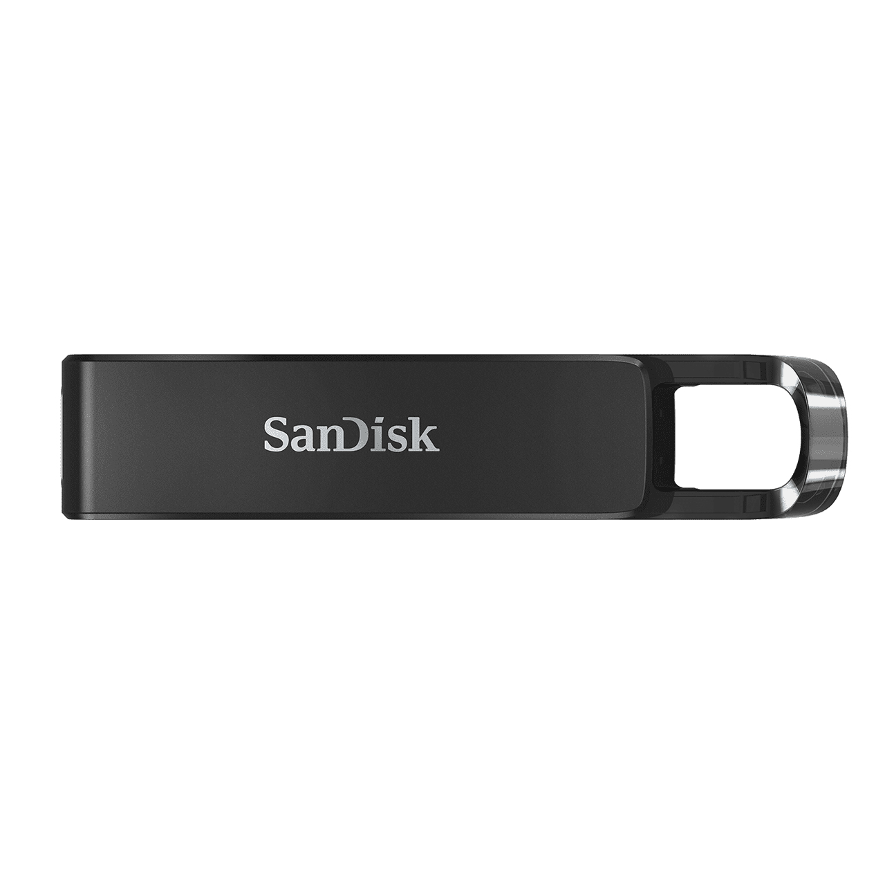 Czarny pendrive SanDisk z logo, widok poziomy. Białe tło.