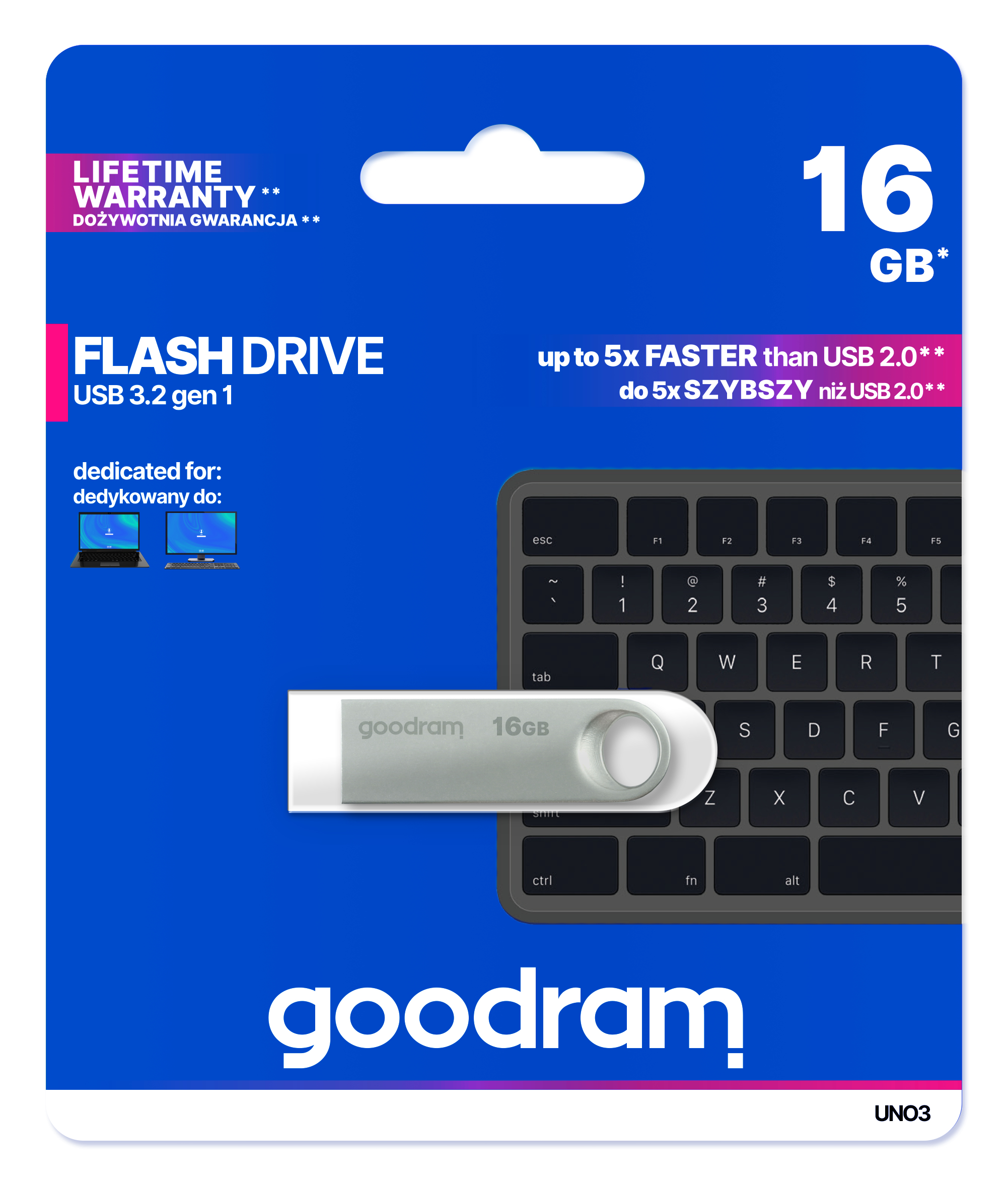 Pendrive w opakowaniu. Pendrive jest srebrny i ma interfejs USB 3.2 gen 1.
