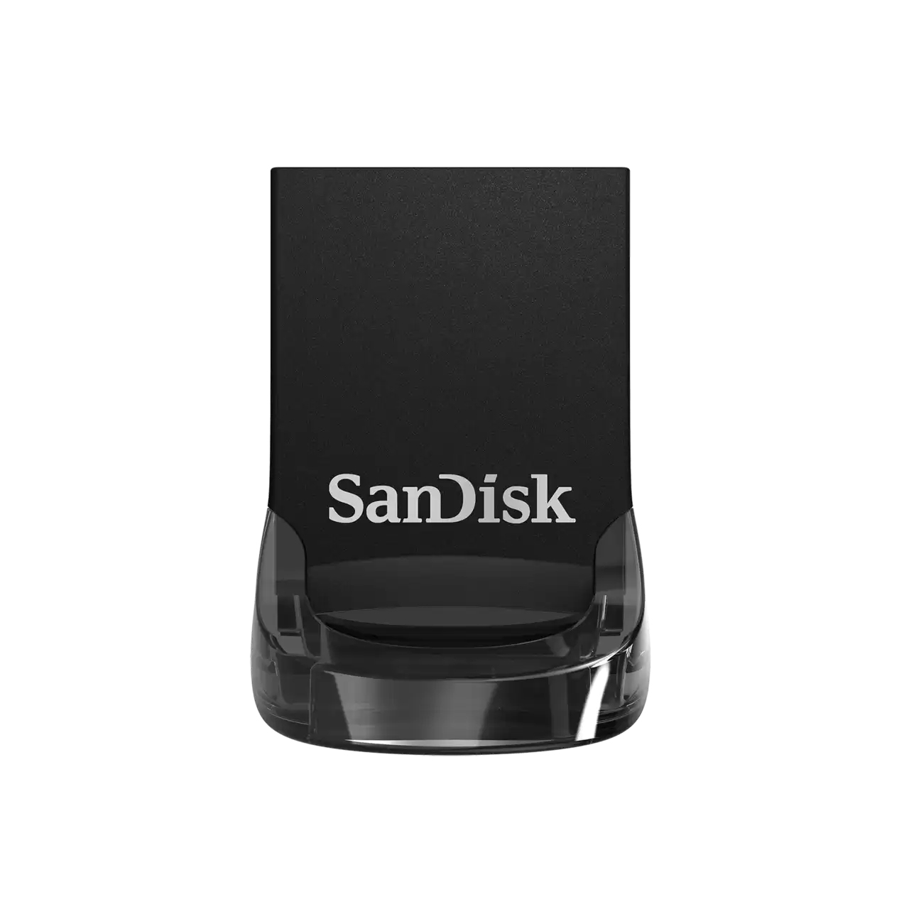 Czarny pendrive Sandisk z przezroczystą plastikową podstawą na białym tle.