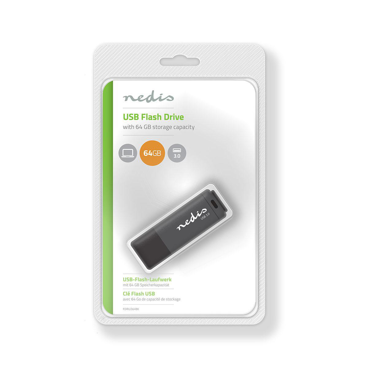 Nedis USB Flash Drive in packaging, with 64 GB capacity, and USB 3.0 logo.