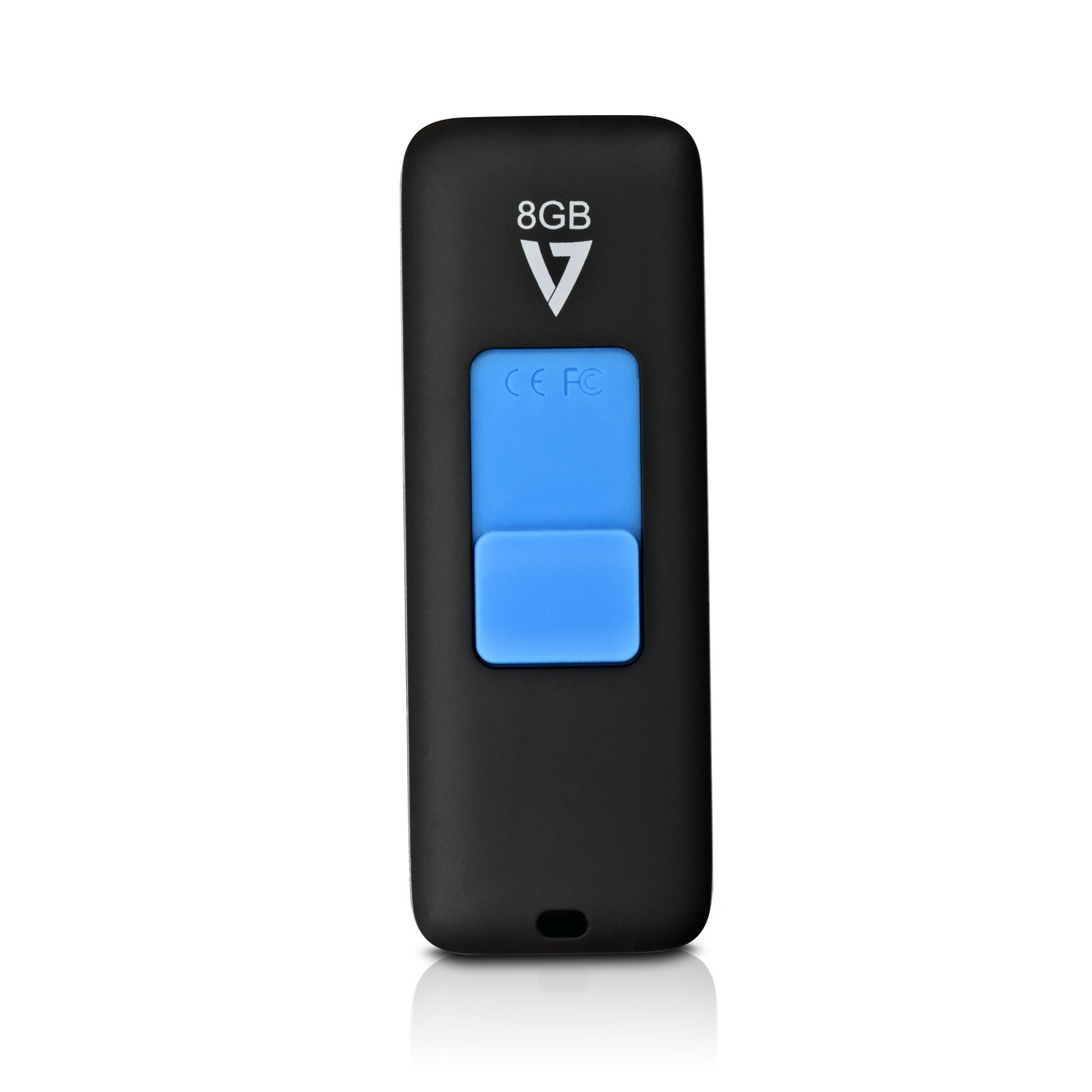 Ein schwarzer USB-Stick mit blauem Schiebeschalter und 8GB-Label.