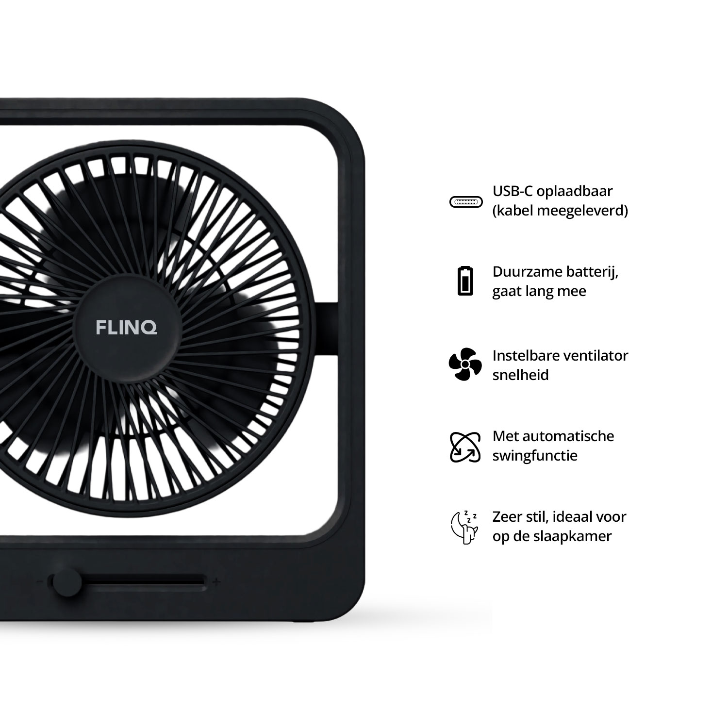 Ventilateur FlinQ noir. Il possède de nombreuses fonctionnalités. Du texte et des symboles indiquent les fonctions.
