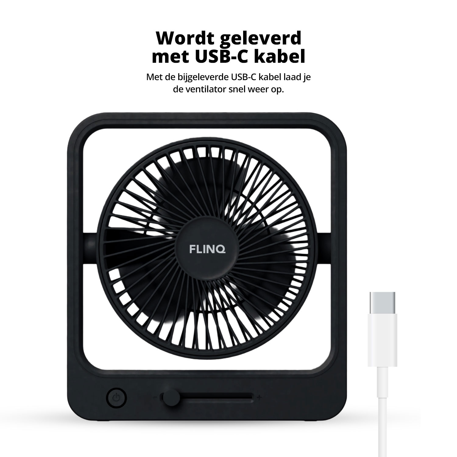 Ventilateur carré noir avec câble USB-C, bouton d'alimentation et molette de contrôle.