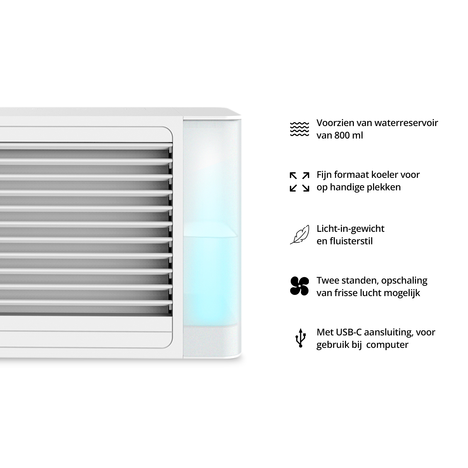 White air cooler with a water tank and blue light, with text indicating features.