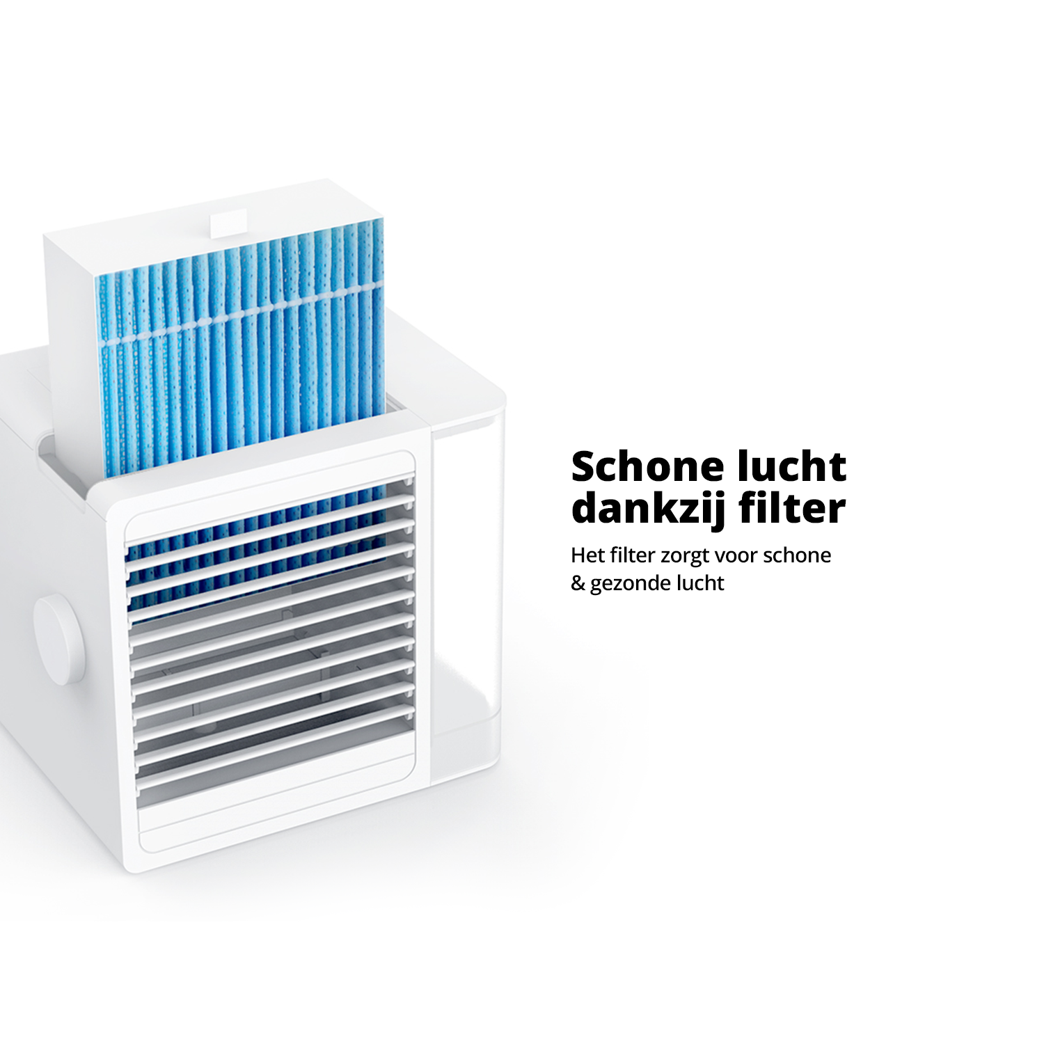 White air cooler with a blue filter and vent. Text in Dutch explains the filter function.