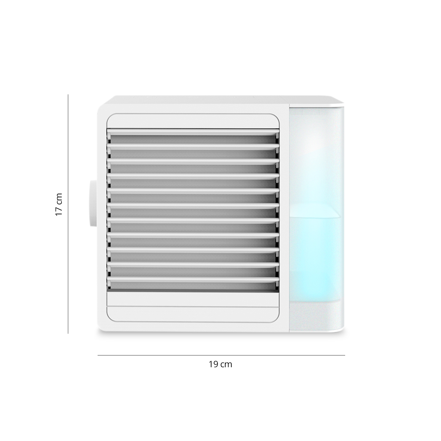 White air cooler with a water tank. Dimensions are 17x19cm. The side has a blue light.