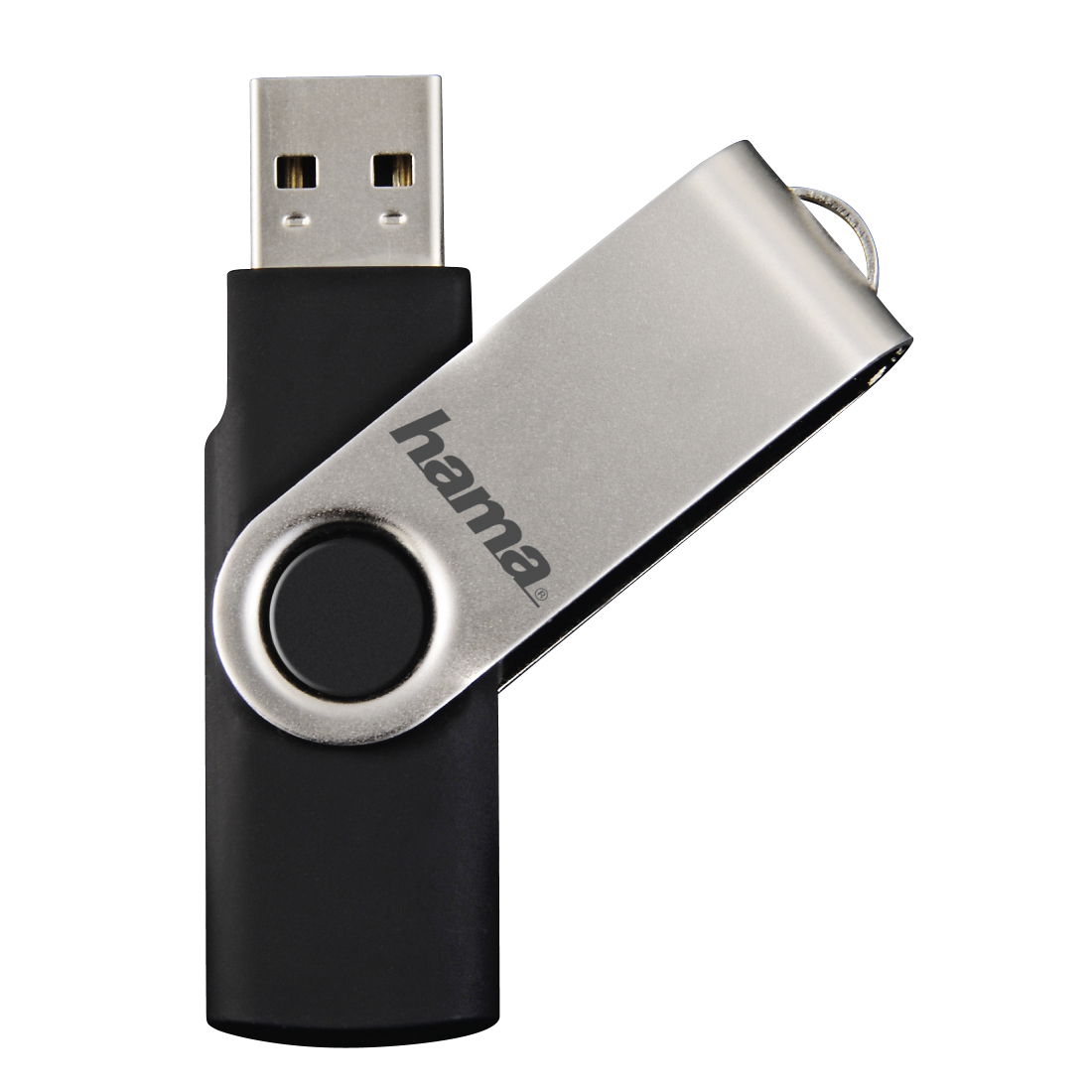 Schwarzer und silberner USB-Stick mit dem Wort 'hama'.