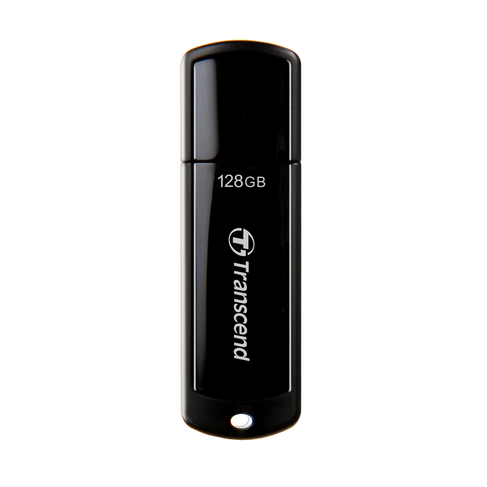 Czarny pendrive Transcend USB o pojemności 128 GB, na białym tle.
