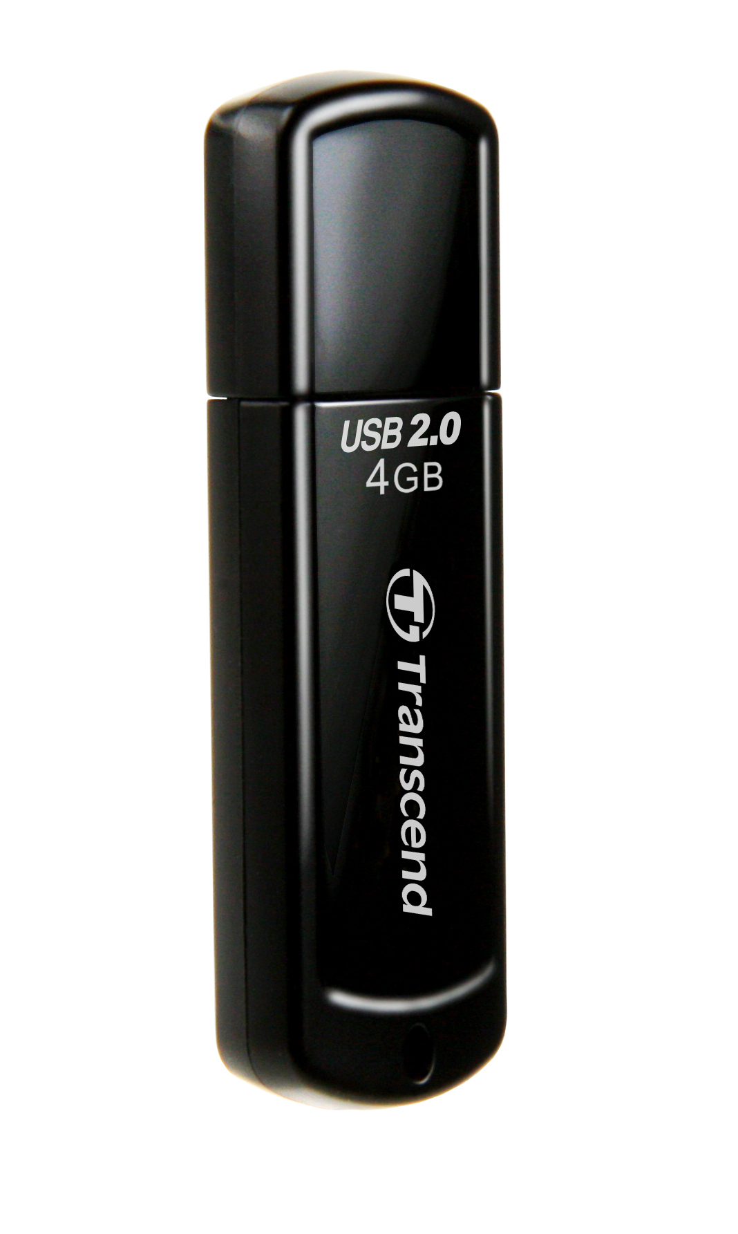 Czarny pendrive USB 2.0. Dysk ma logo Transcend i pojemność 4 GB.