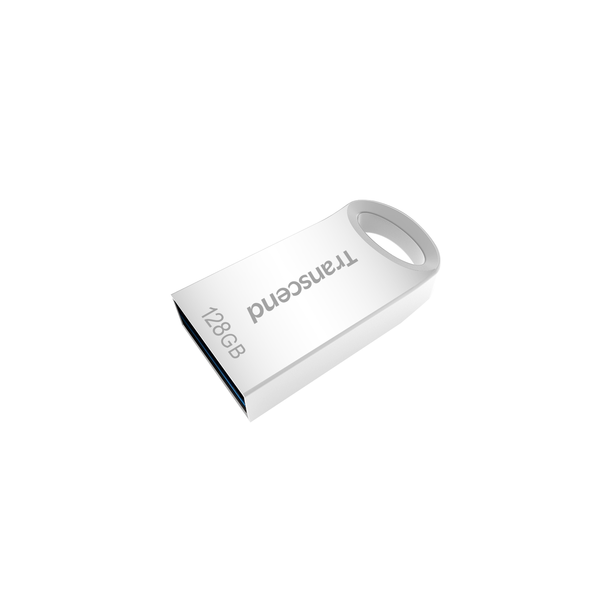 Srebrny pendrive Transcend 128GB na białym tle.