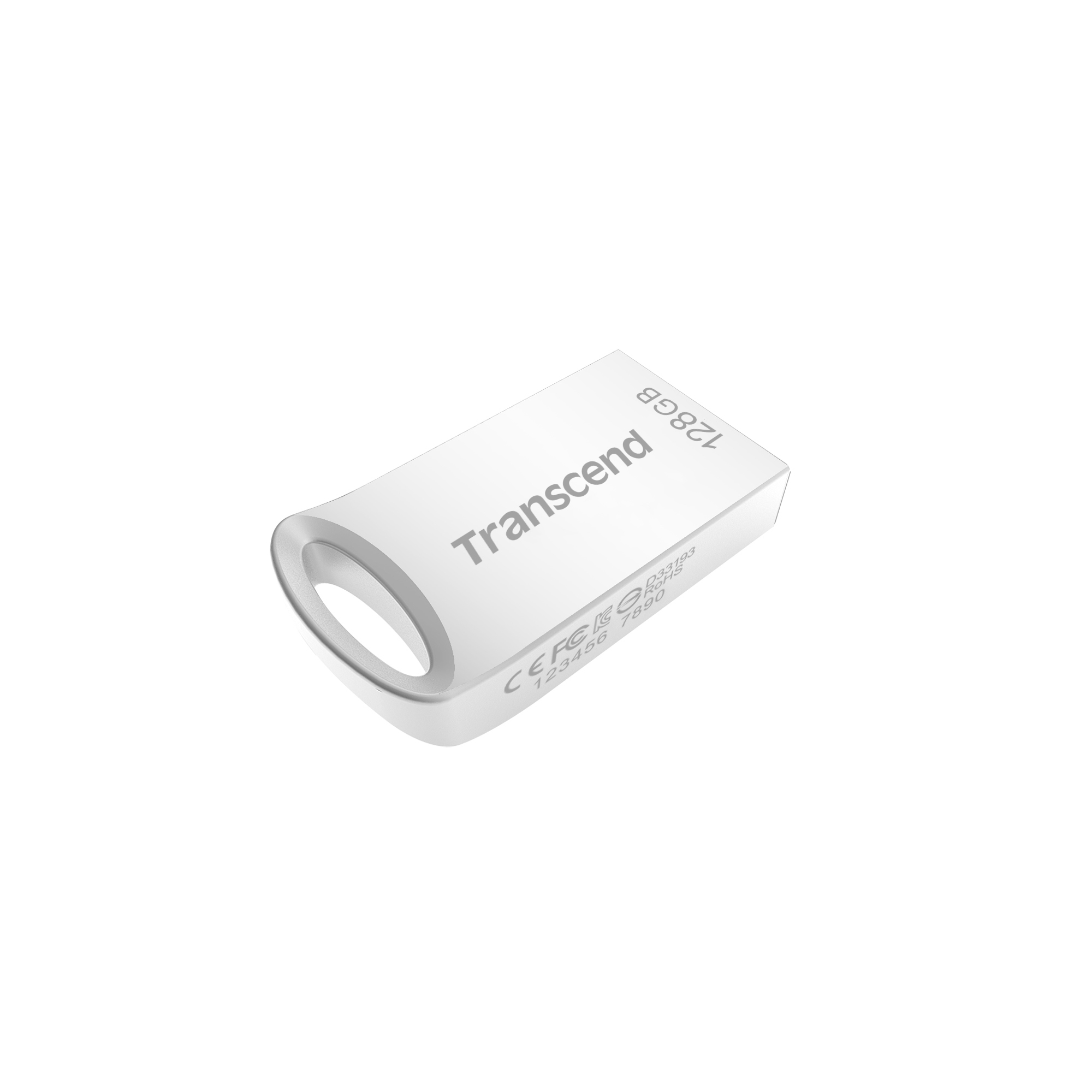Mały, srebrny pendrive Transcend z białą częścią i logo Transcend.