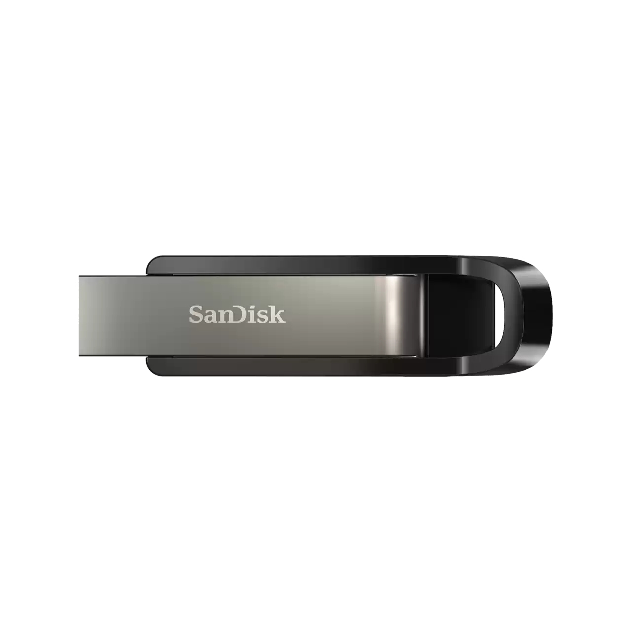 Srebrny i czarny pendrive Sandisk. 'Sandisk' jest nadrukowany na srebrnej obudowie.