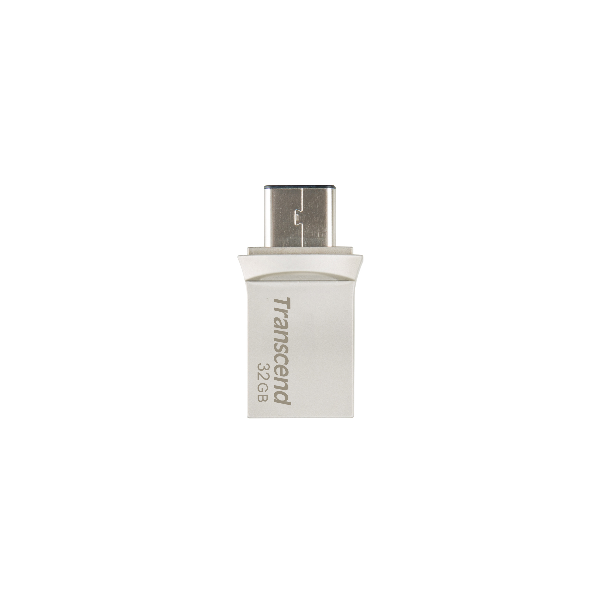 Srebrny pendrive z napisem Transcend.