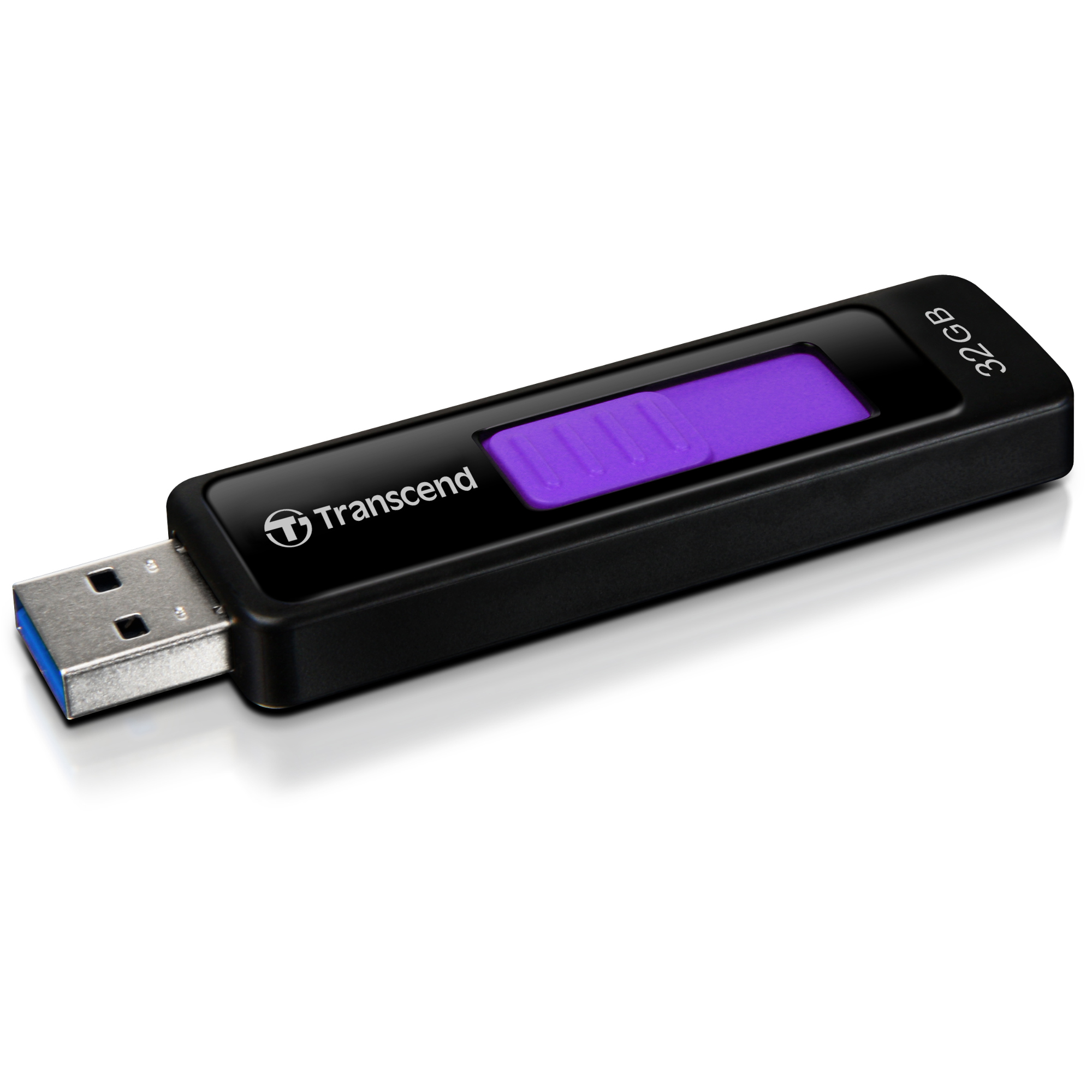 Czarny pendrive Transcend 32GB z fioletowym suwakiem i złączem USB.