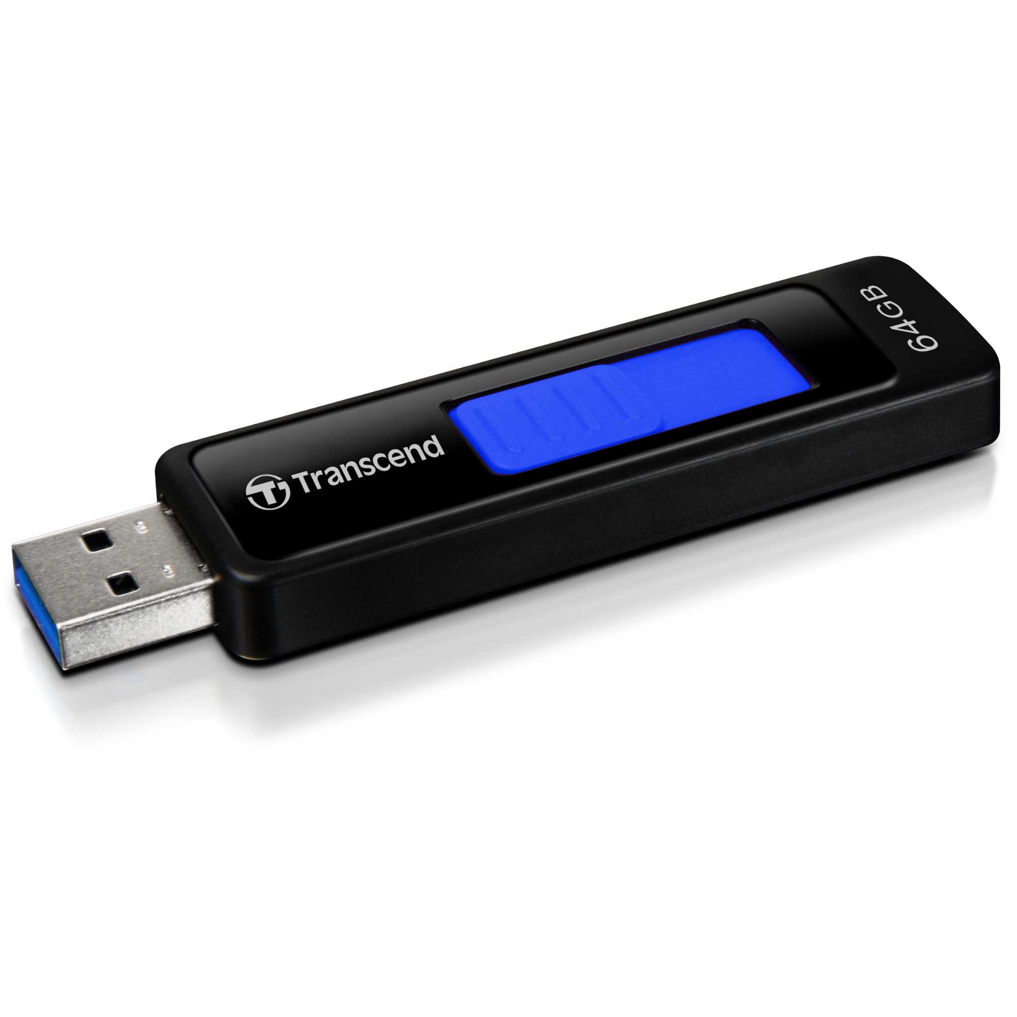 Ein schwarzer USB-Stick mit blauem Display, das 64 GB anzeigt.