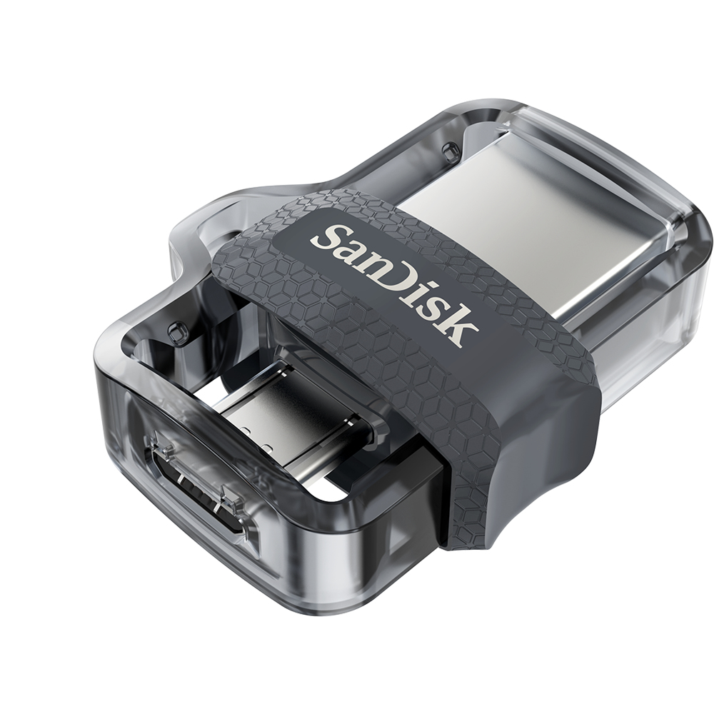 Un'unità USB Sandisk, custodia esterna trasparente con centro grigio. Lo sfondo è bianco.