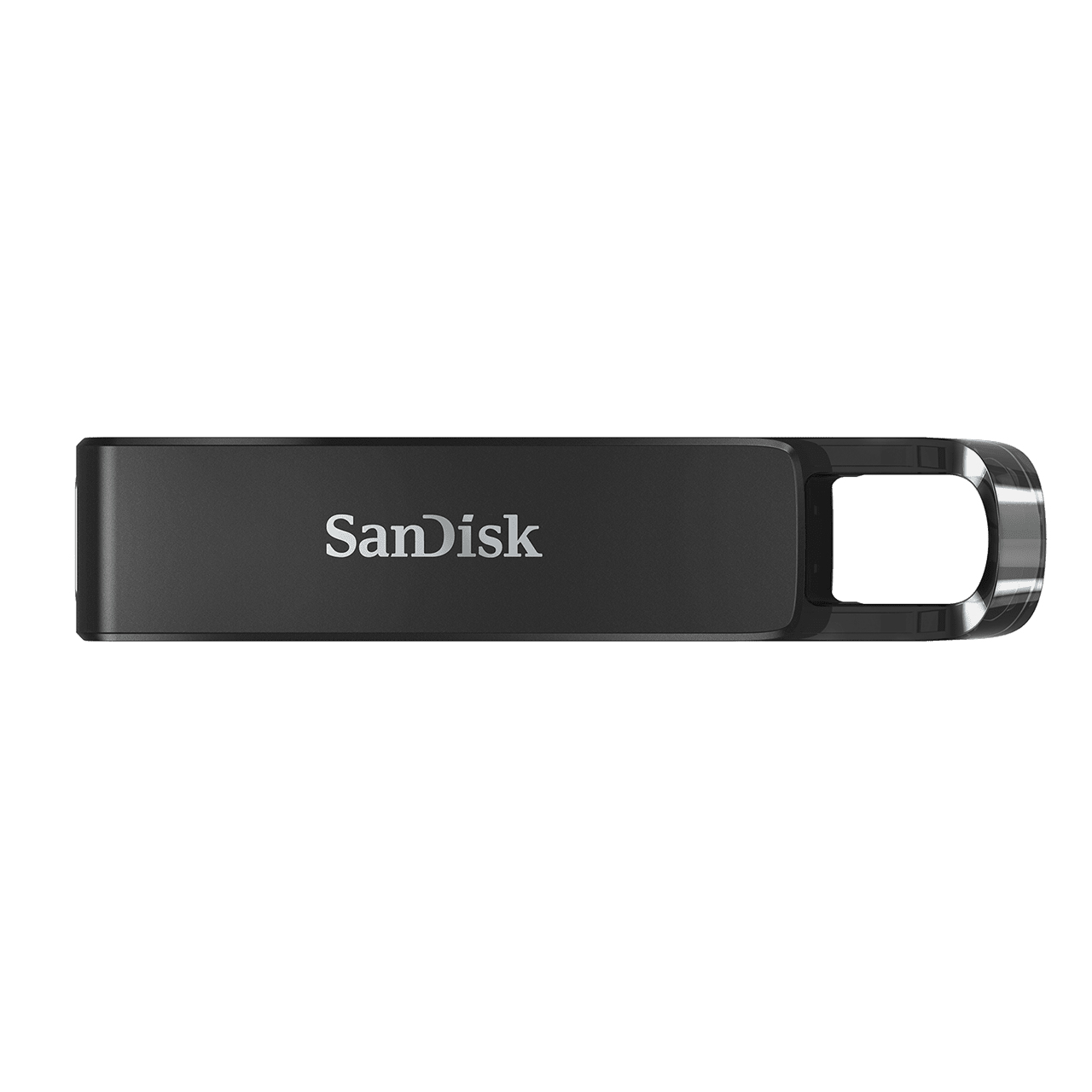 Czarny pendrive USB z logo Sandisk. Dysk ma srebrne obramowanie.