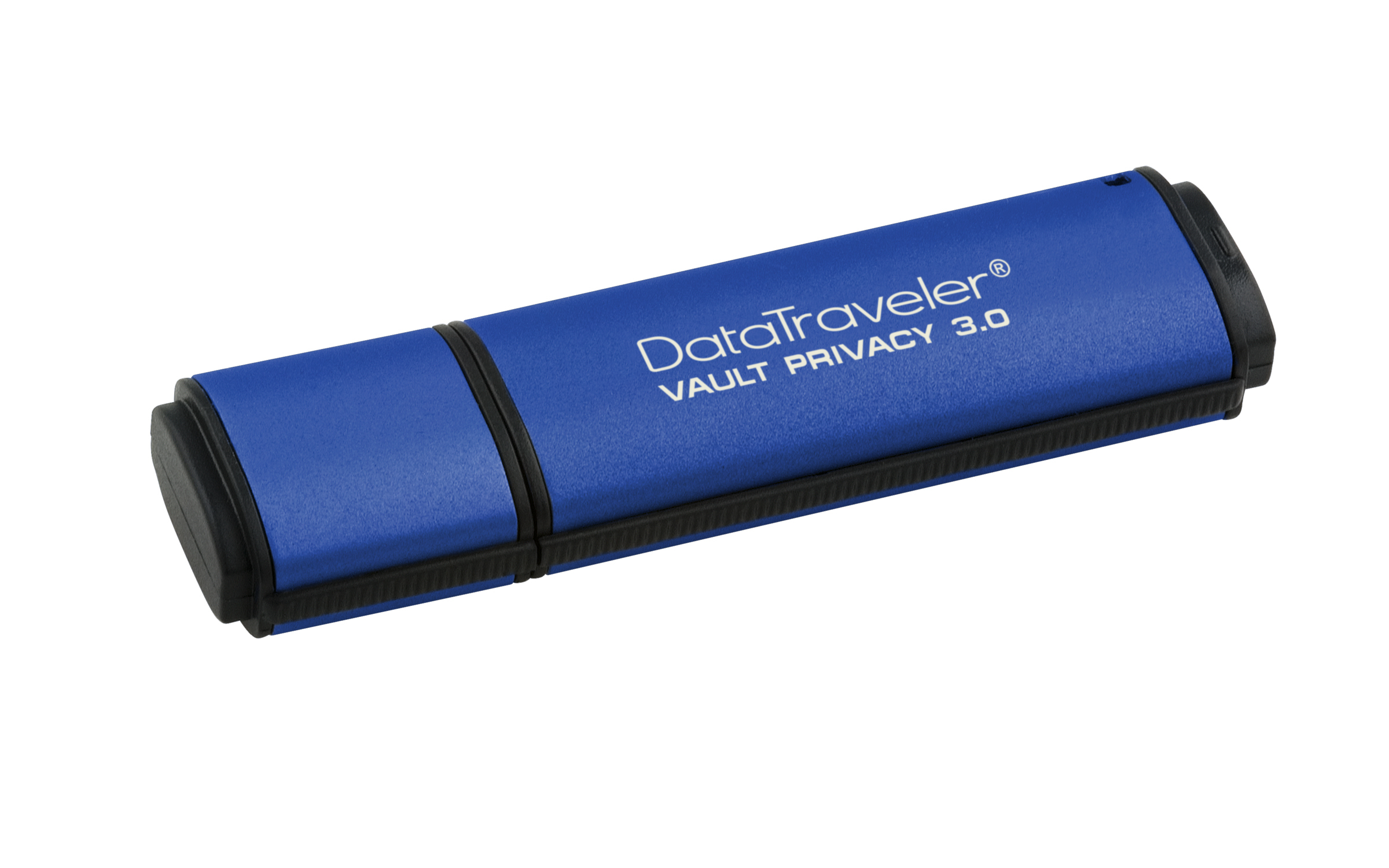 Blauwe USB-drive met zwarte accenten. DataTraveler Vault Privacy 3.0 staat op de drive.