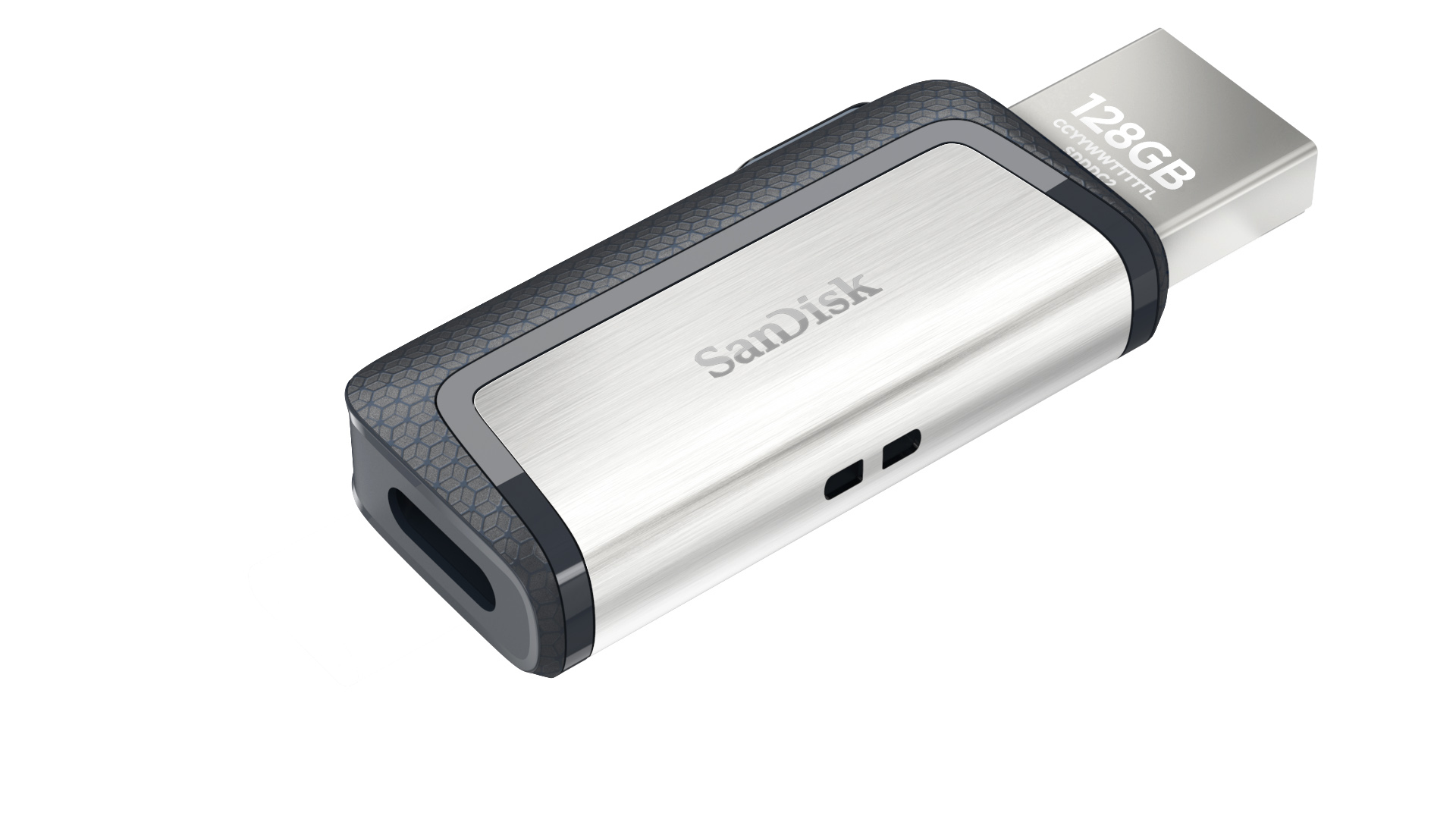 Silver and black Sandisk USB flash drive, showing '128GB' capacity. Angled on a white background.