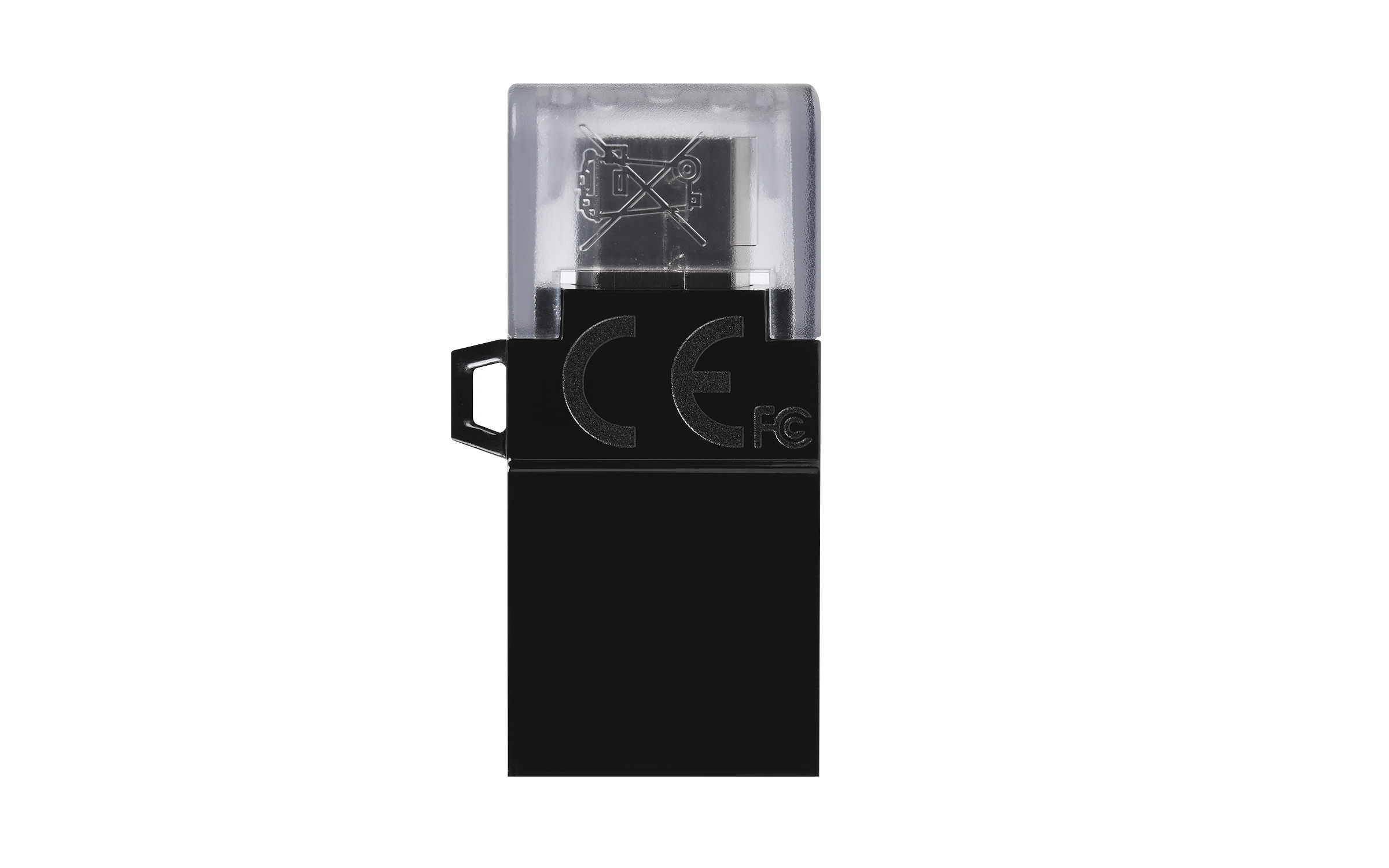 Una piccola unità USB nera con una copertura in plastica trasparente e i marchi CE e FC.