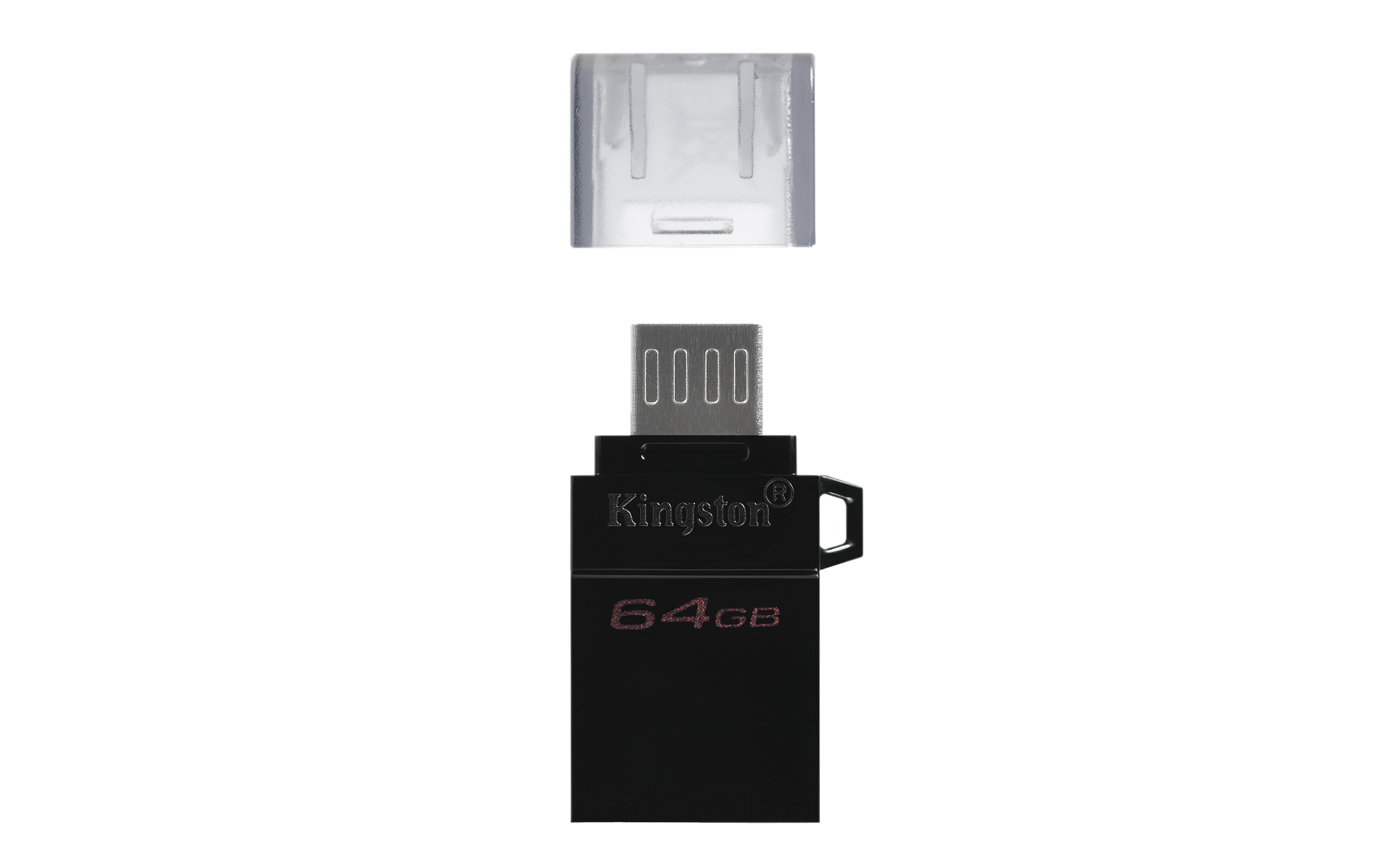 Chiavetta USB nera con cappuccio trasparente, marchio Kingston ed etichetta 64GB.