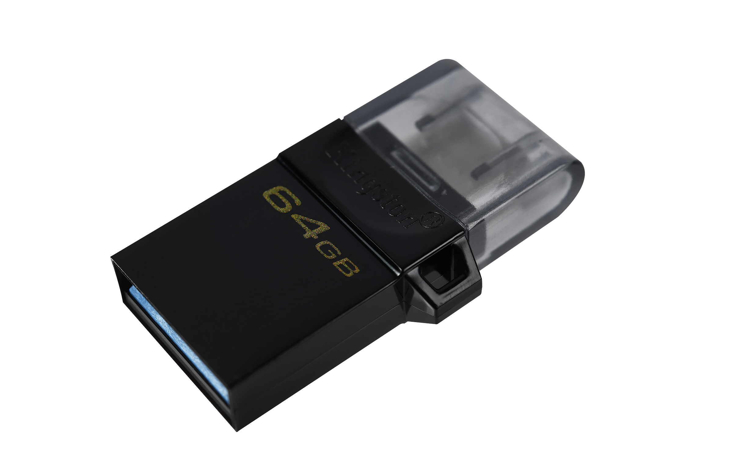 Pen drive USB Kingston nero con cappuccio traslucido. Presenta un'indicazione di capacità di 64 GB.