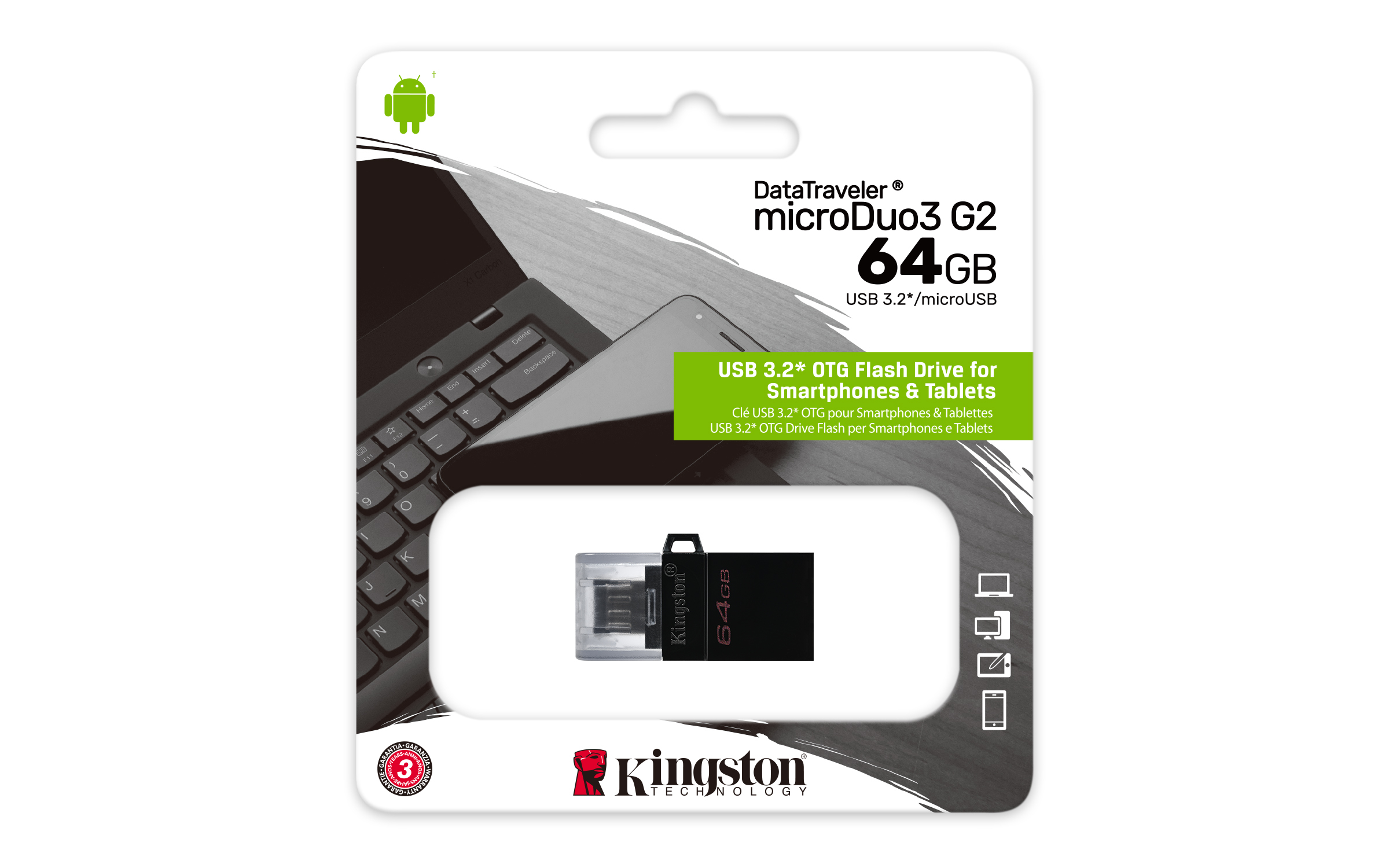 Unità flash DataTraveler microDuo3 G2. Chiavetta USB nera e argento nella confezione. Sfondo bianco, logo Android.