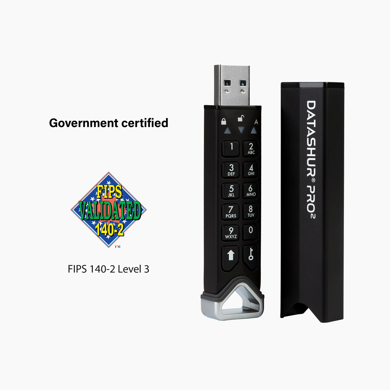 Czarny pendrive USB z klawiaturą, otwarty ze znakiem FIPS.
