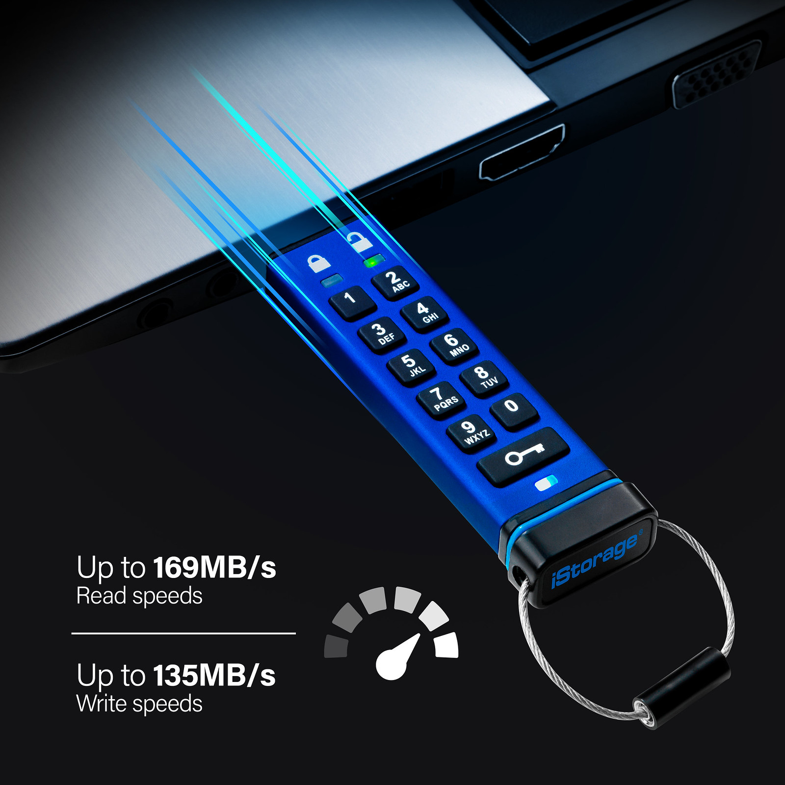 Blauer USB-Stick mit Tastatur, in Laptop, Geschwindigkeitsanzeige und Text.