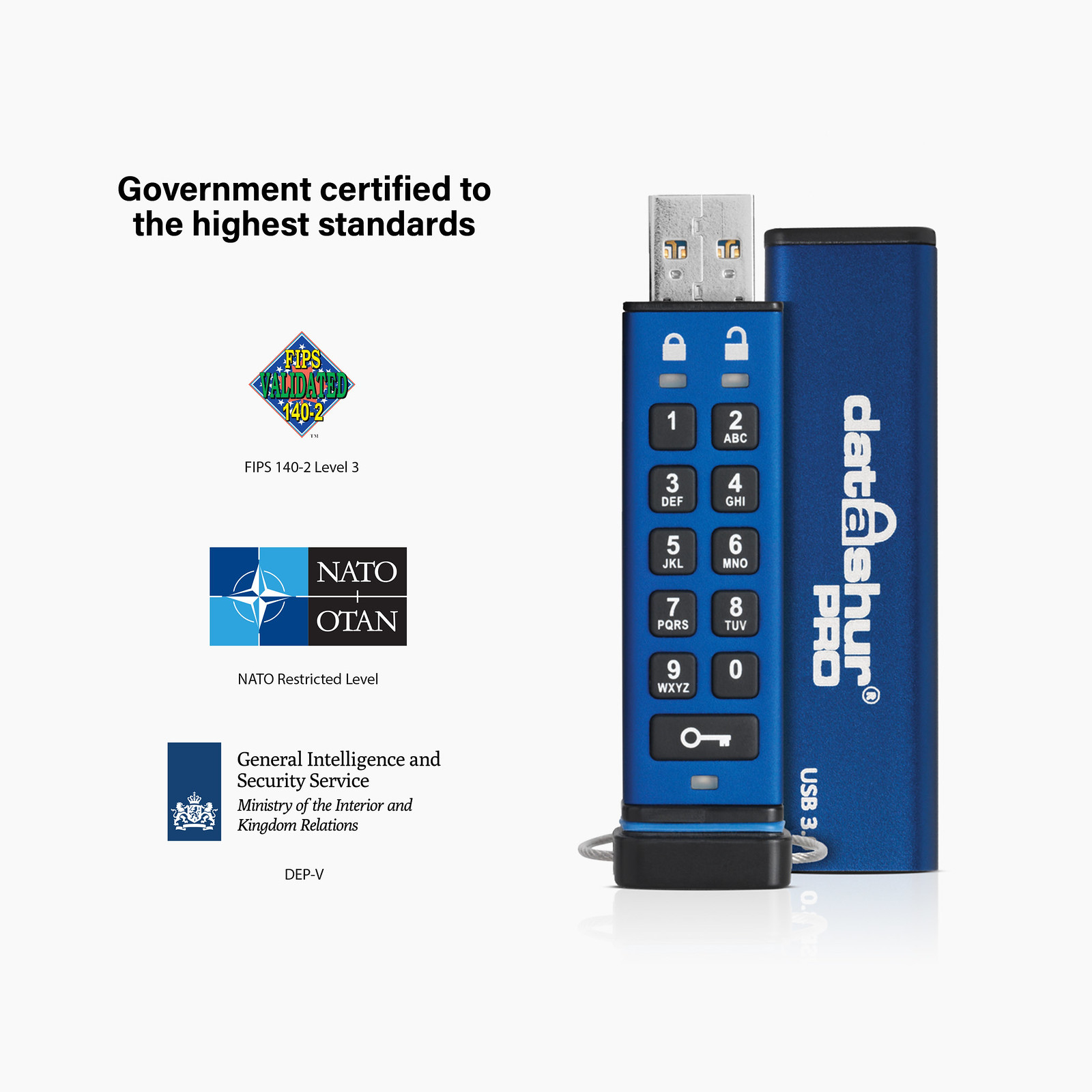 Blauer USB-Stick mit Tastatur, FIPS-Logo und Regierungszertifizierungen, mit Texten.
