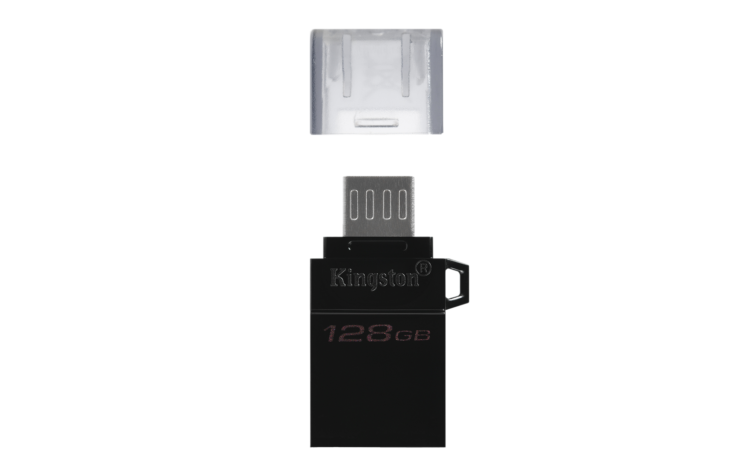 Chiavetta USB Kingston nera da 128 GB con cappuccio trasparente.