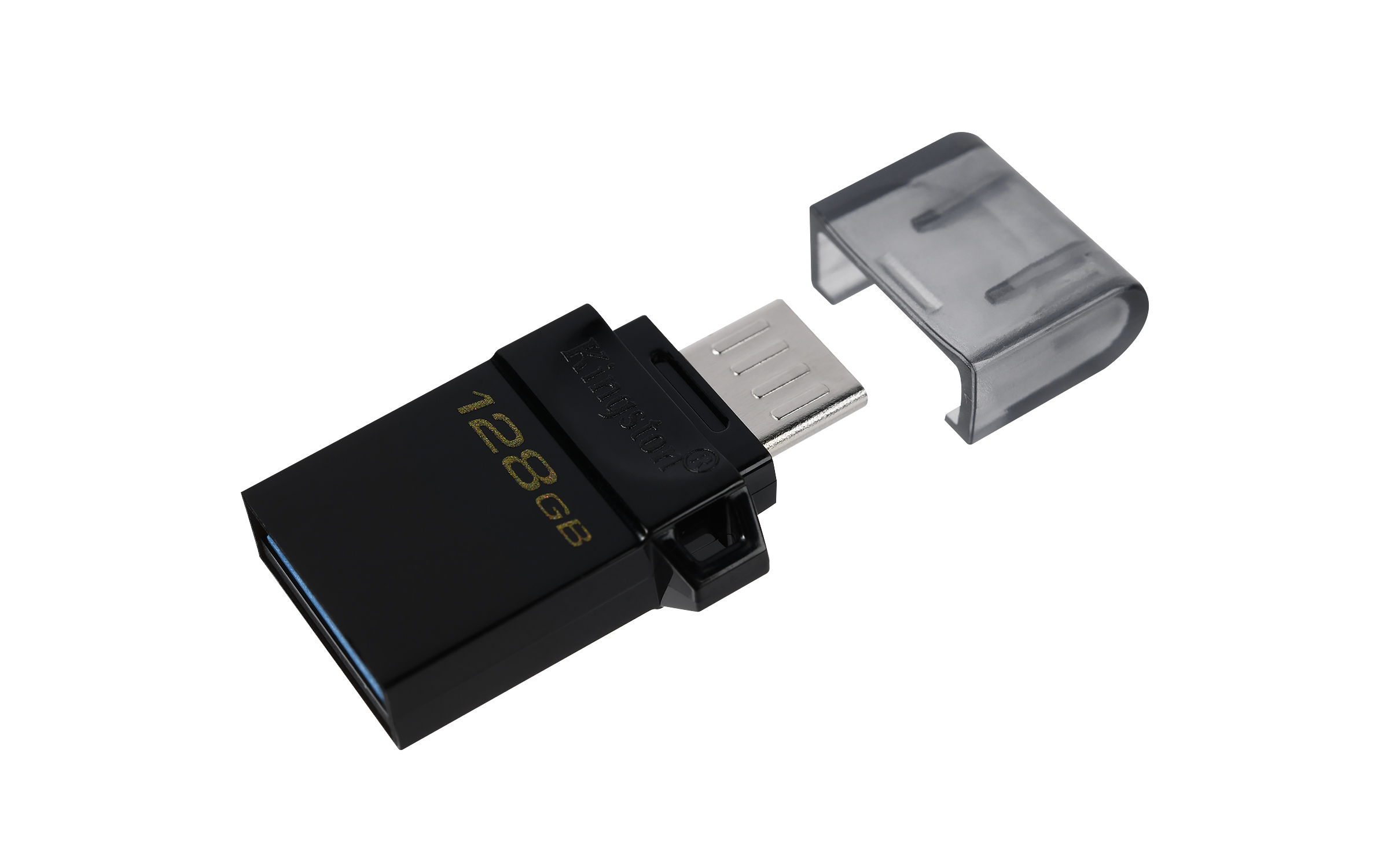 Pen drive USB nero con cappuccio grigio. Etichetta '128GB'. Connettore USB esposto, sfondo bianco.