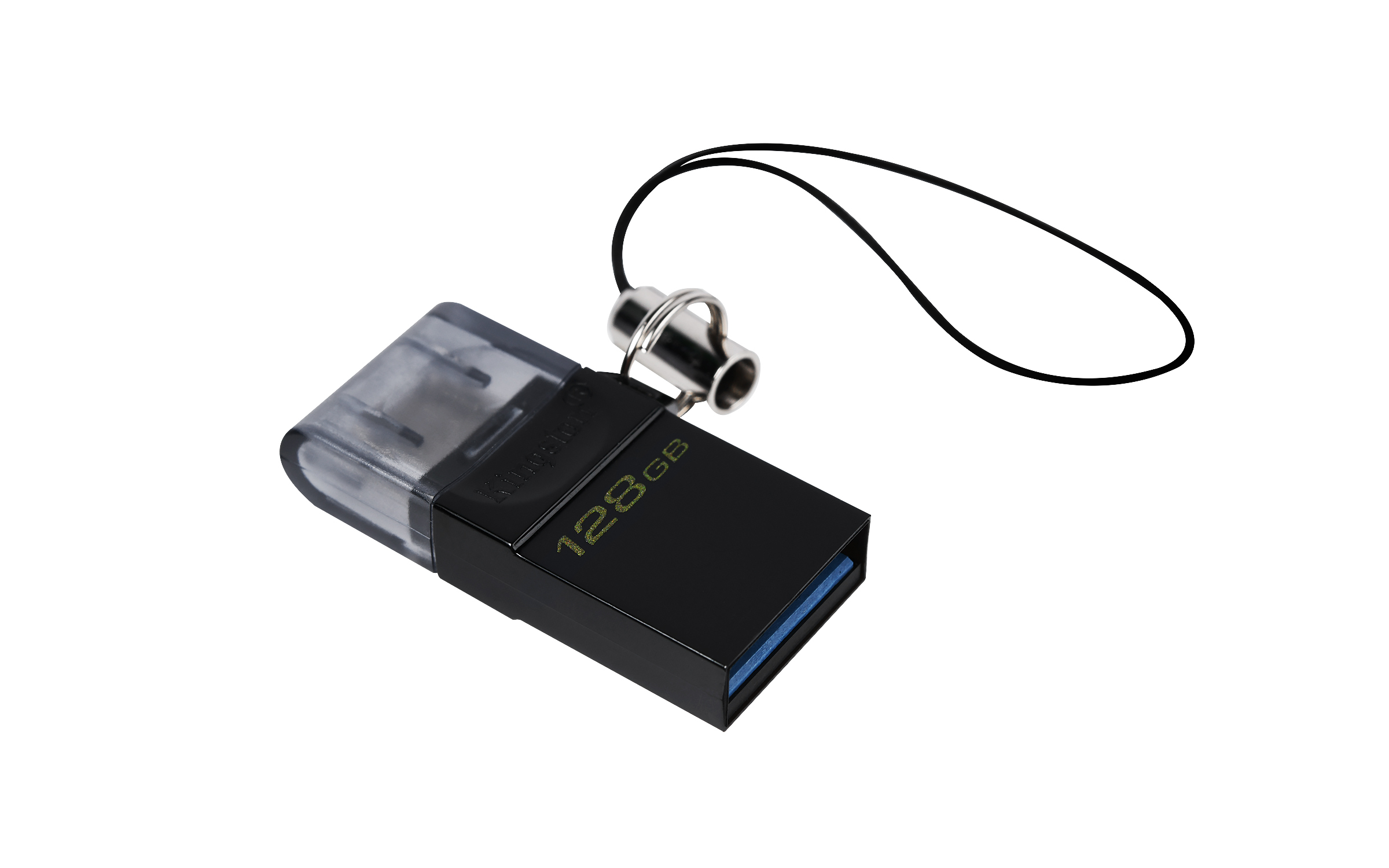 Un'unità USB nera con cappuccio trasparente, cinturino nero e la scritta '128GB' in verde.