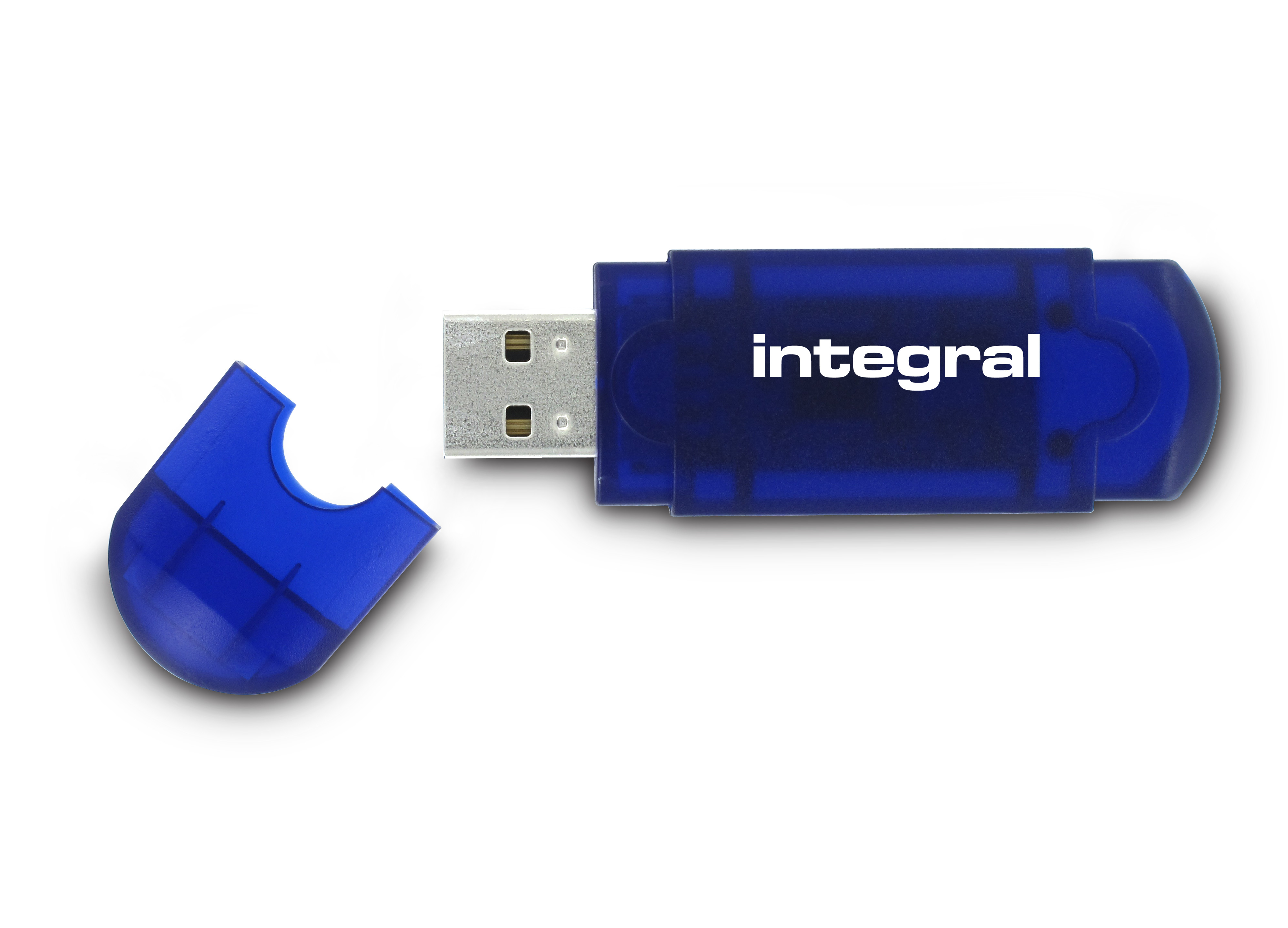 Chiavetta USB blu con la scritta "integral". Il cappuccio è staccato e di fianco.