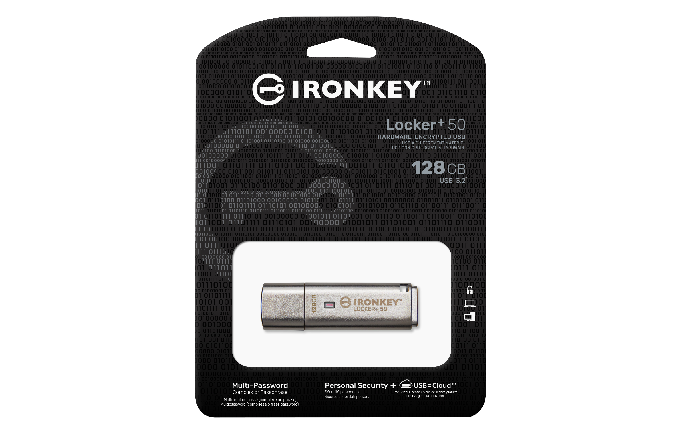 Pendrive IronKey Locker+ 50 w opakowaniu, o pojemności 128 GB i z różnymi funkcjami.