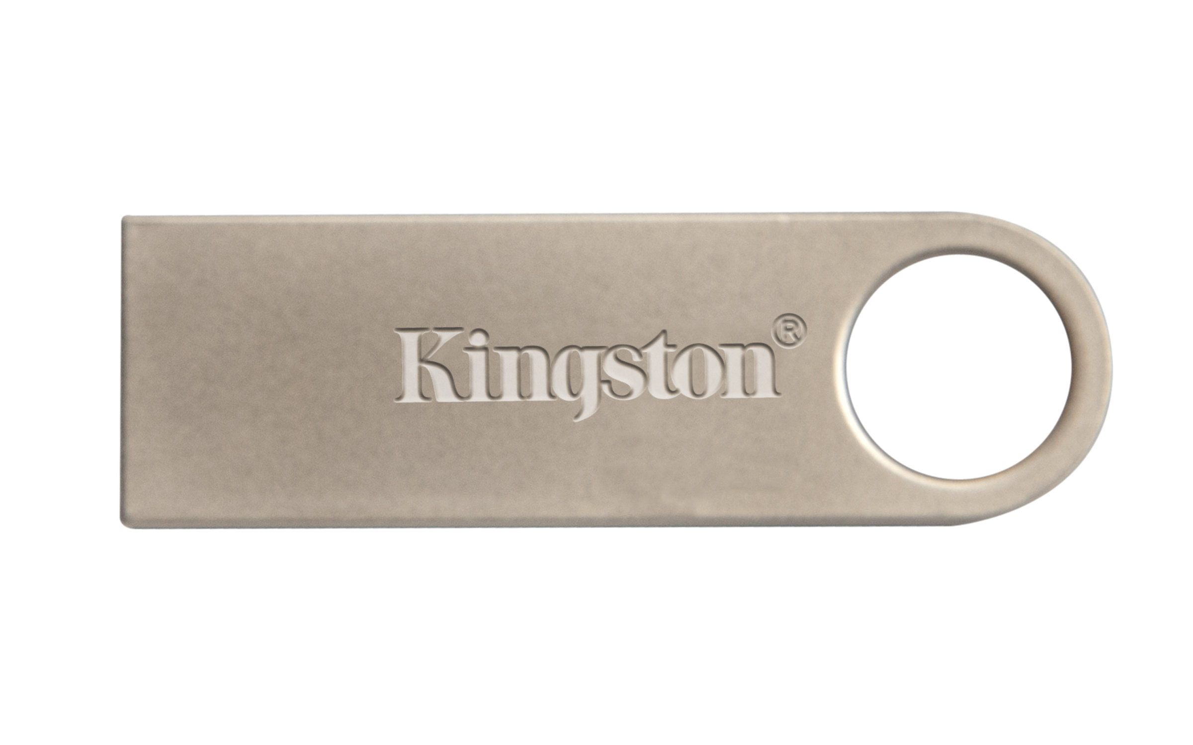 Silberner Kingston USB-Stick mit eingraviertem "Kingston®". Schlaufenende.