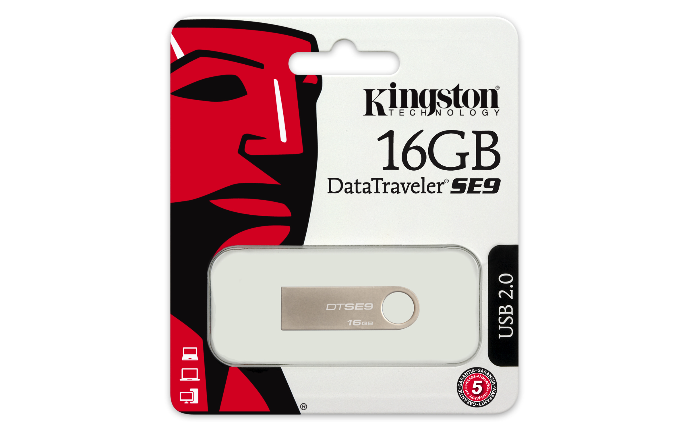 USB-Laufwerk in Verpackung. Weißes Laufwerk, silbernes Ende und rote Verpackung.