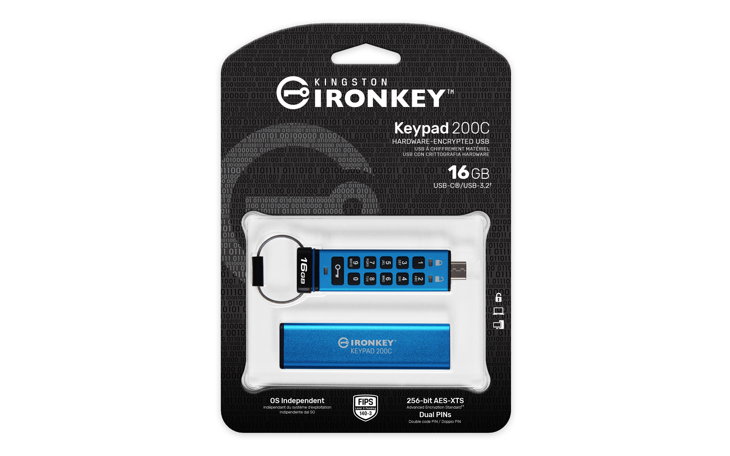 Niebieski dysk USB Ironkey na czarno-białej karcie. Posiada klawiaturę i 16 GB pamięci.