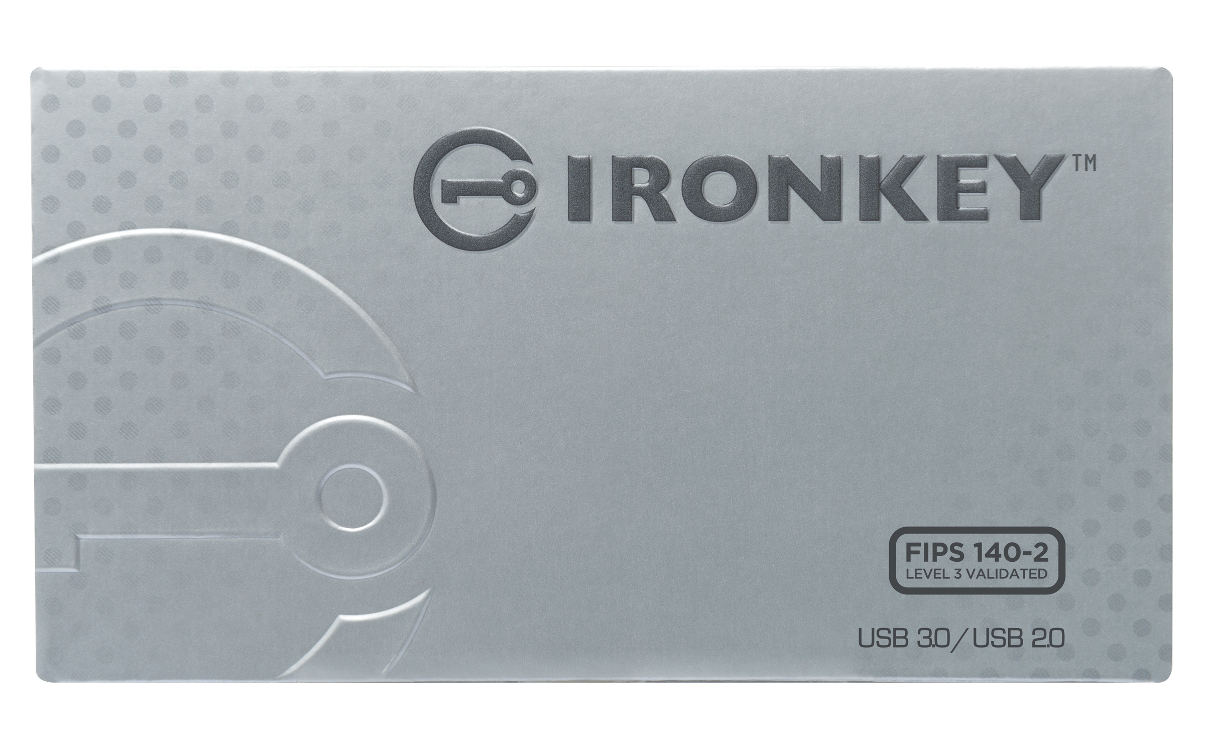 Srebrne opakowanie pendrive'a Ironkey. Widoczne logo i etykieta Ironkey.