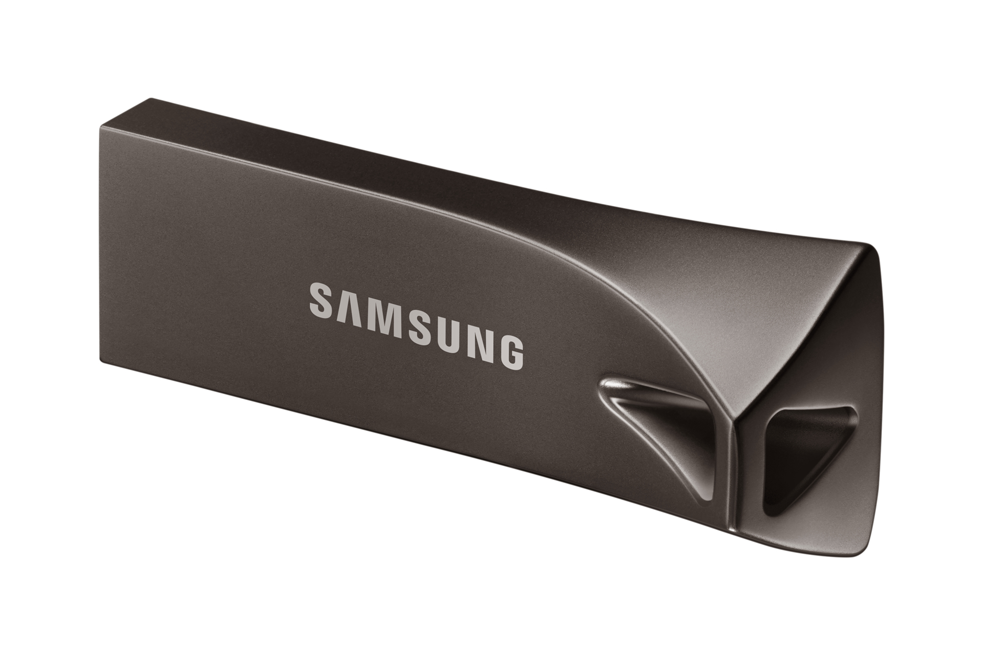Szary pendrive Samsung. Logo Samsung jest nadrukowane na urządzeniu.