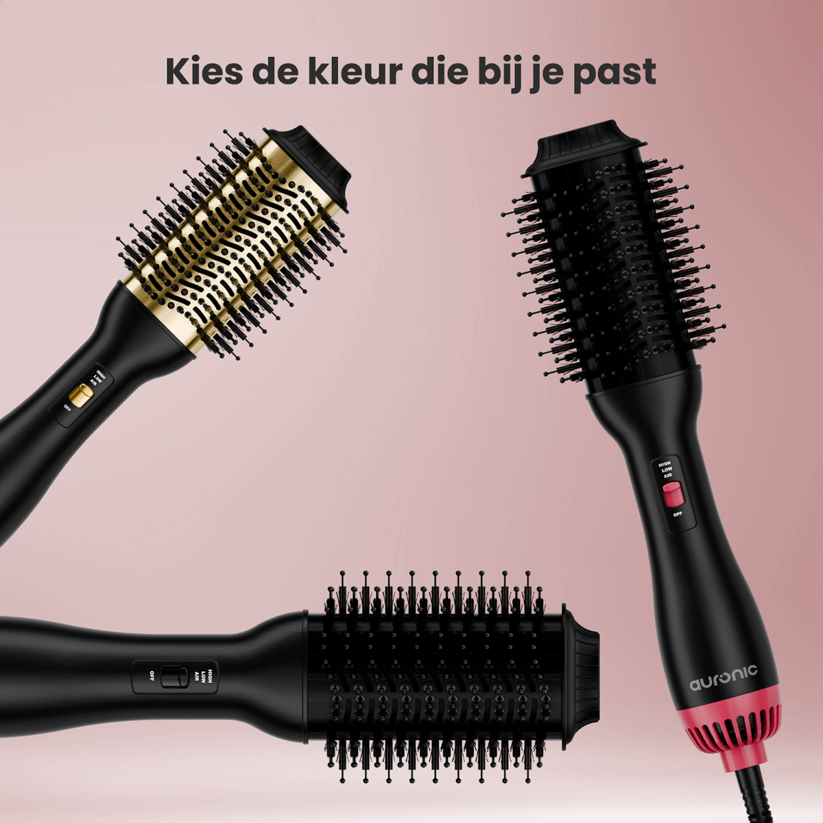 Trois stylers capillaires auronic, or, noir et noir avec rose, avec différentes têtes de brosse.
