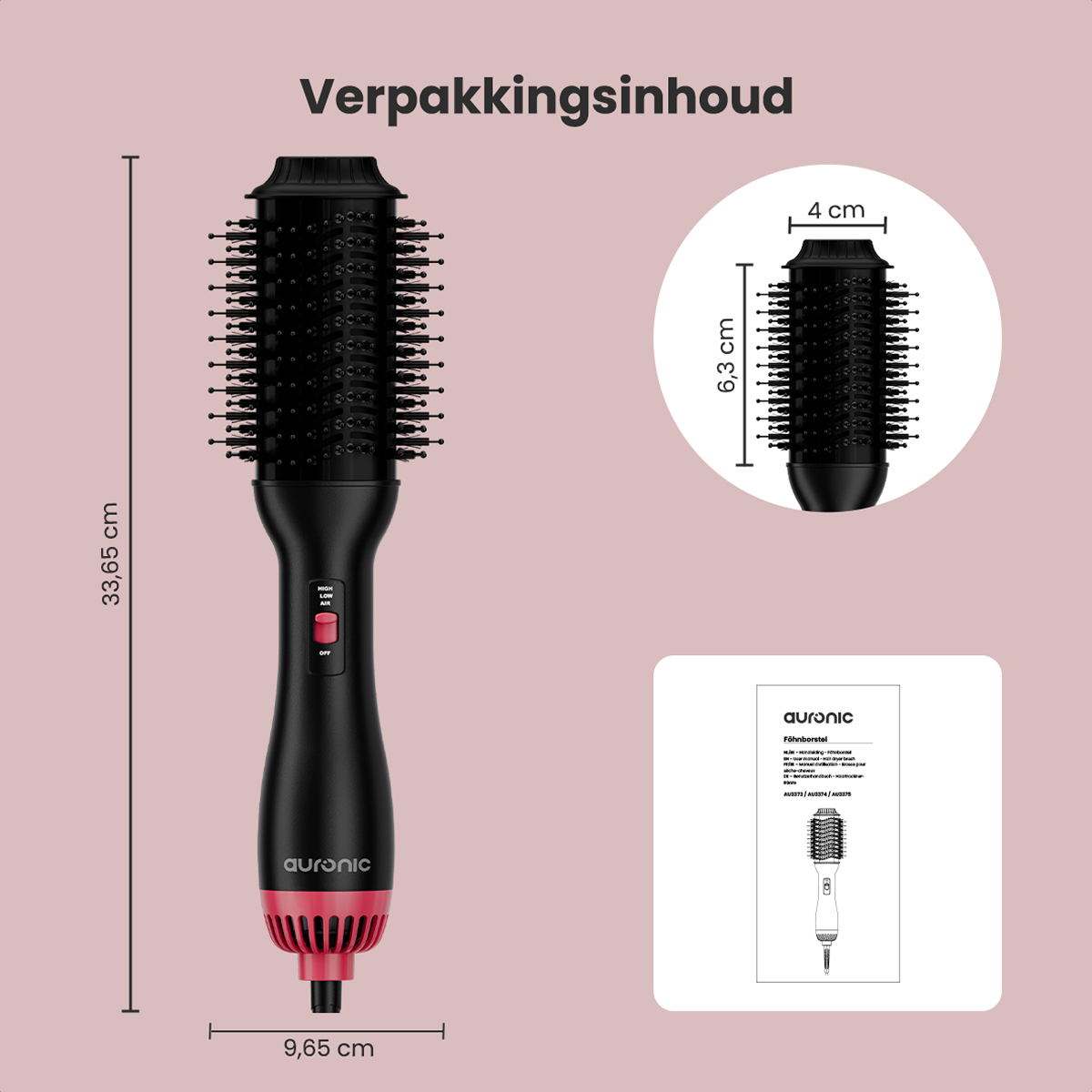Contenu de l'emballage d'une brosse rotative à cheveux, avec dimensions et fiche descriptive du produit.