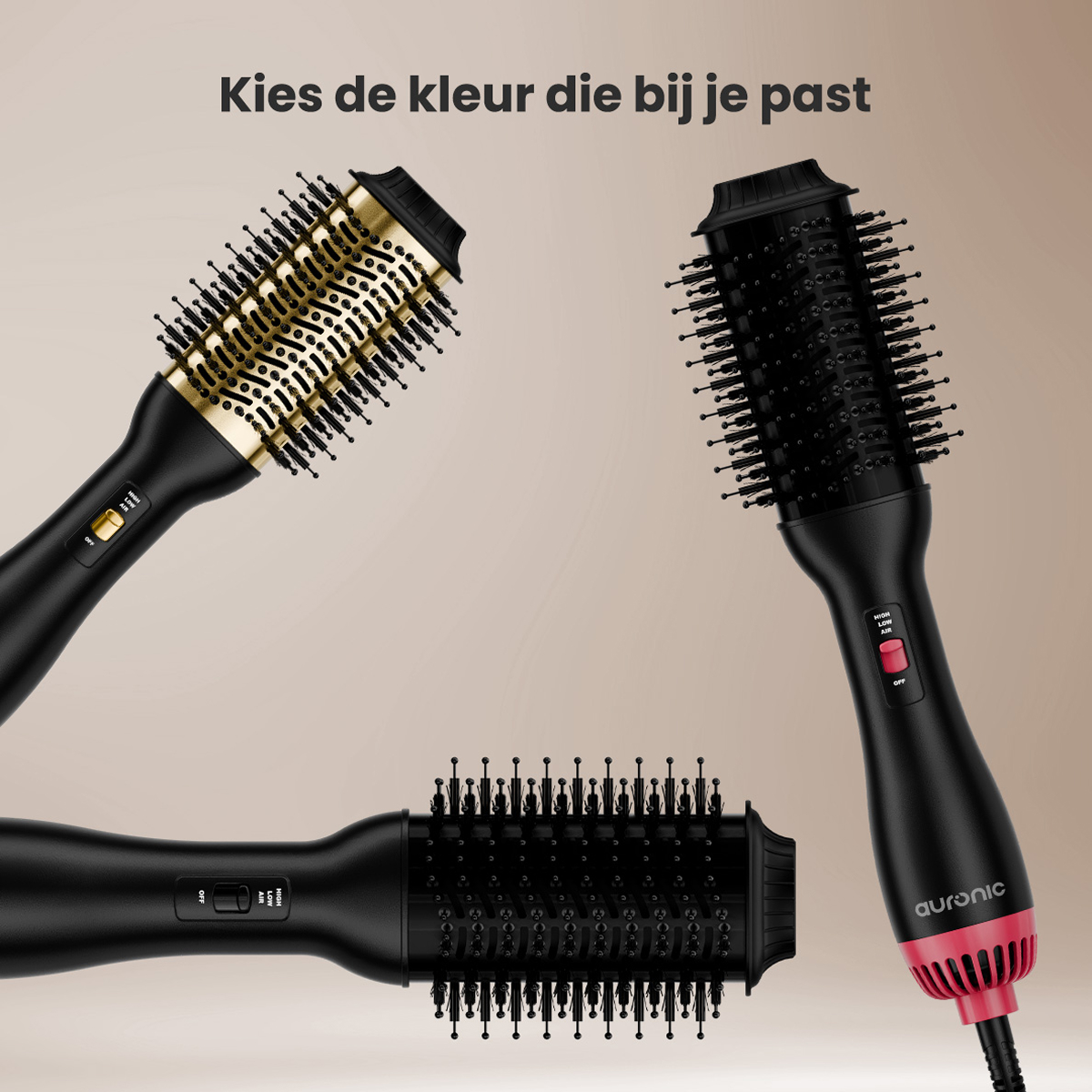 Trois brosses de coiffure. Différentes couleurs et formes sont présentées. Le texte dit : 'Choisissez la couleur qui vous convient'.