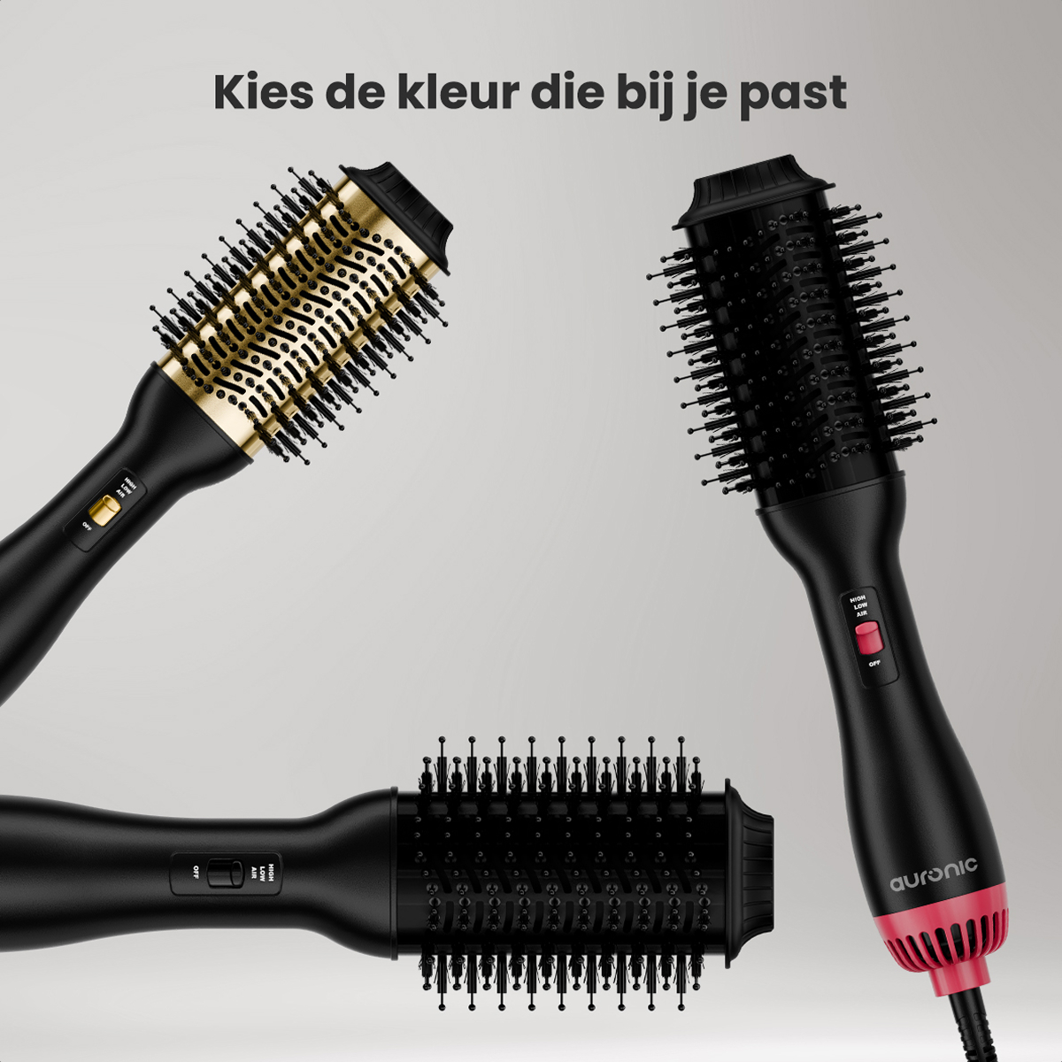 Trois brosses à coiffer : dorée, noire avec rouge et noire. Texte : 'Choisissez la couleur qui vous convient'.