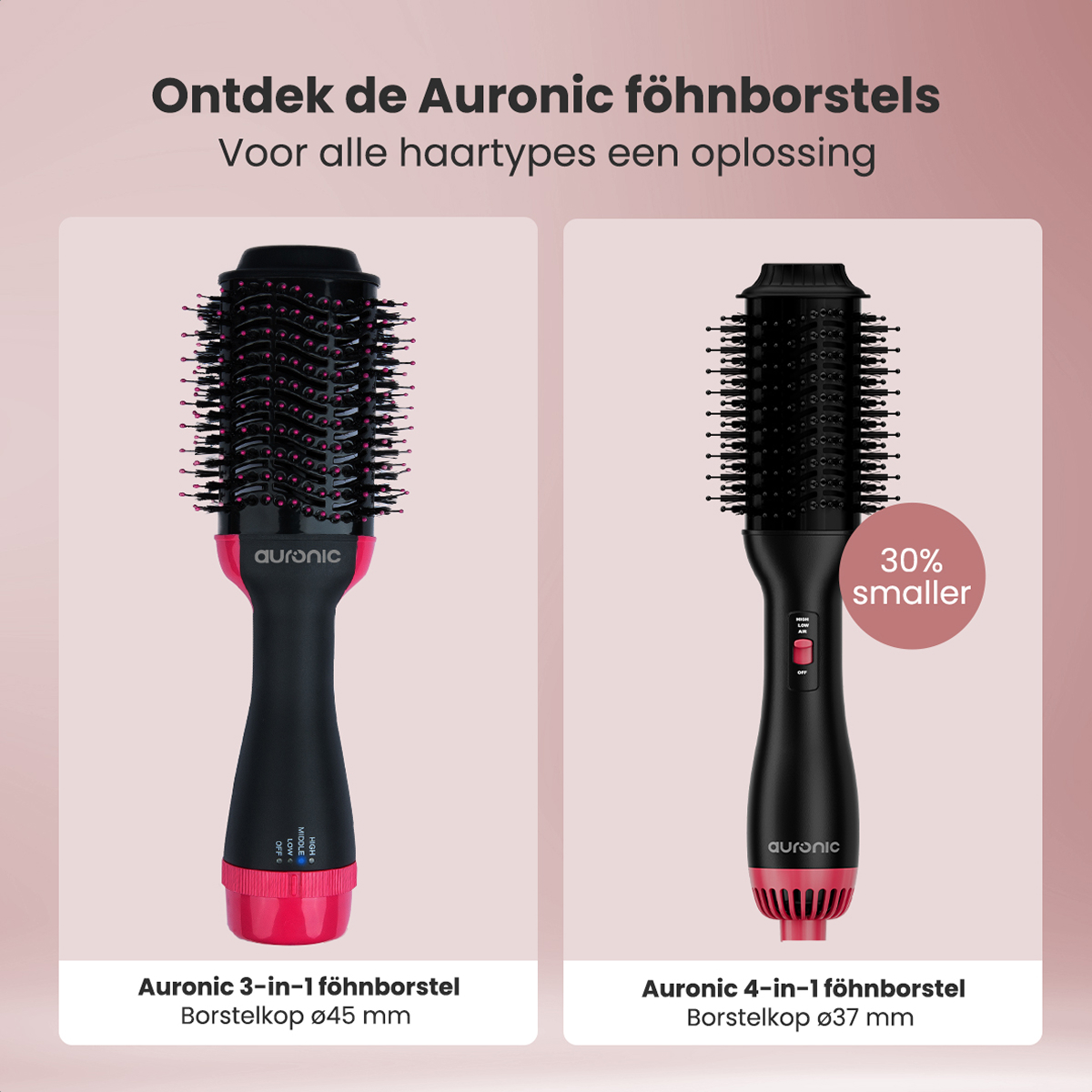 Deux brosses coiffantes Auronic. Une rouge et noire, et l'autre noire. Fond rose.