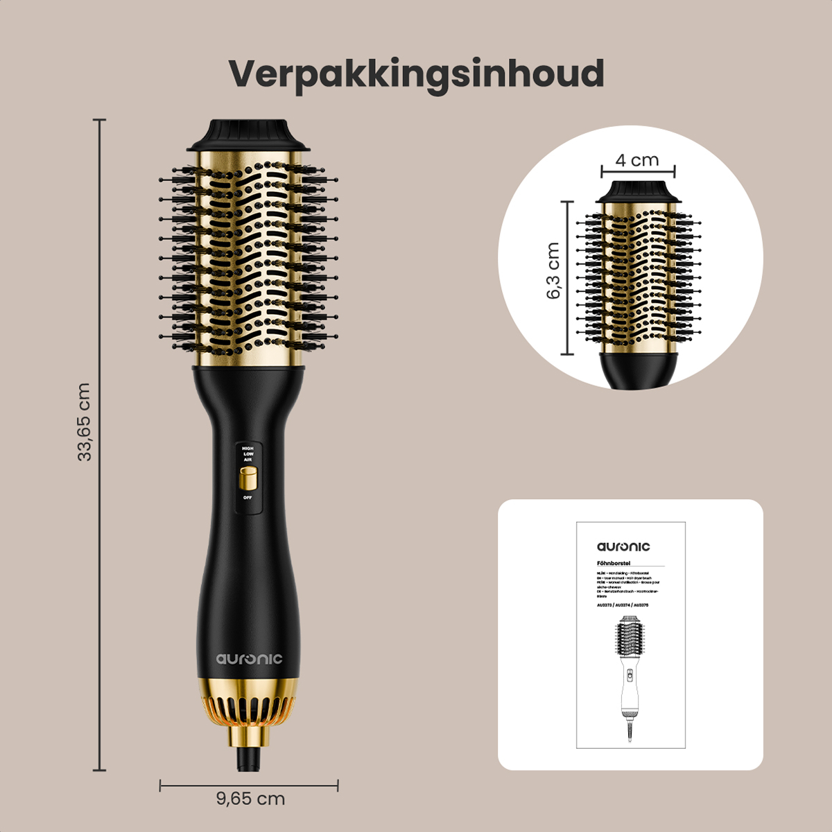 Styler capillaire avec dimensions. Inclut détails du contenu de l'emballage et petite brosse.