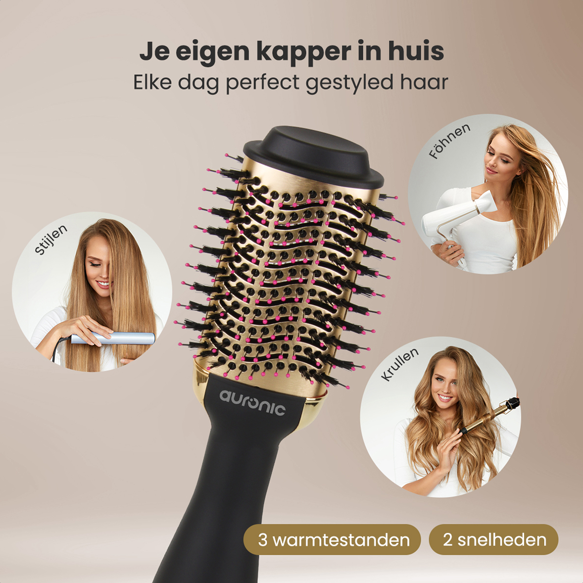 Brosse à coiffer avec trois images montrant différents styles de cheveux : lissage, brushing et boucles. Texte : 'Je eigen'.