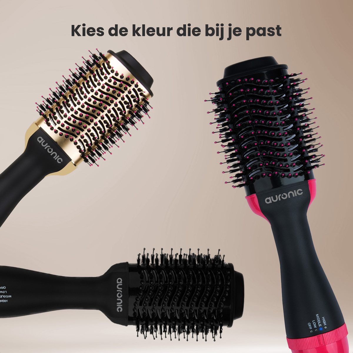 Trois brosses sèche-cheveux de différentes couleurs et styles, avec une version dorée, noire et rose.