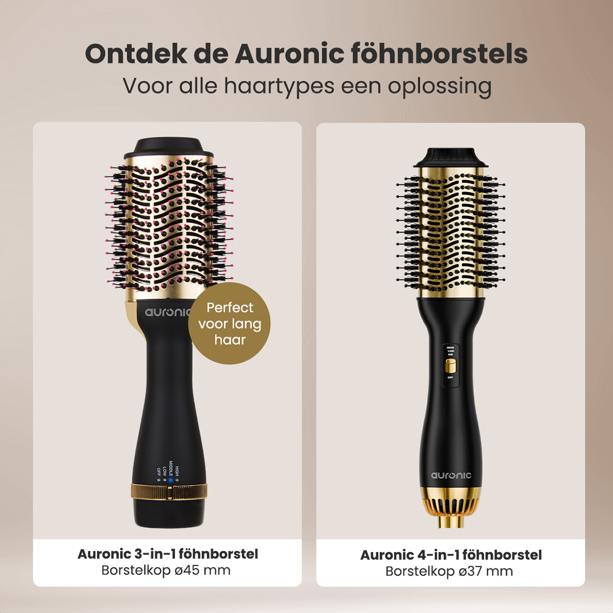 Deux brosses à coiffer noires et dorées sur fond clair.